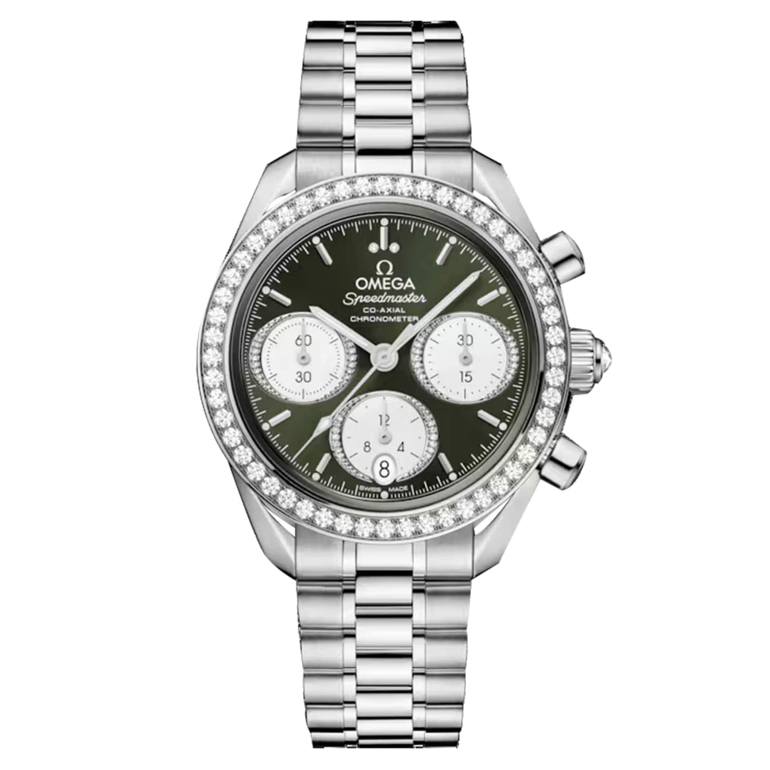 The OMEGA Speedmaster 38 chronograph features a striking green dial, three subdials, a diamond bezel, and a sleek stainless steel bracelet.