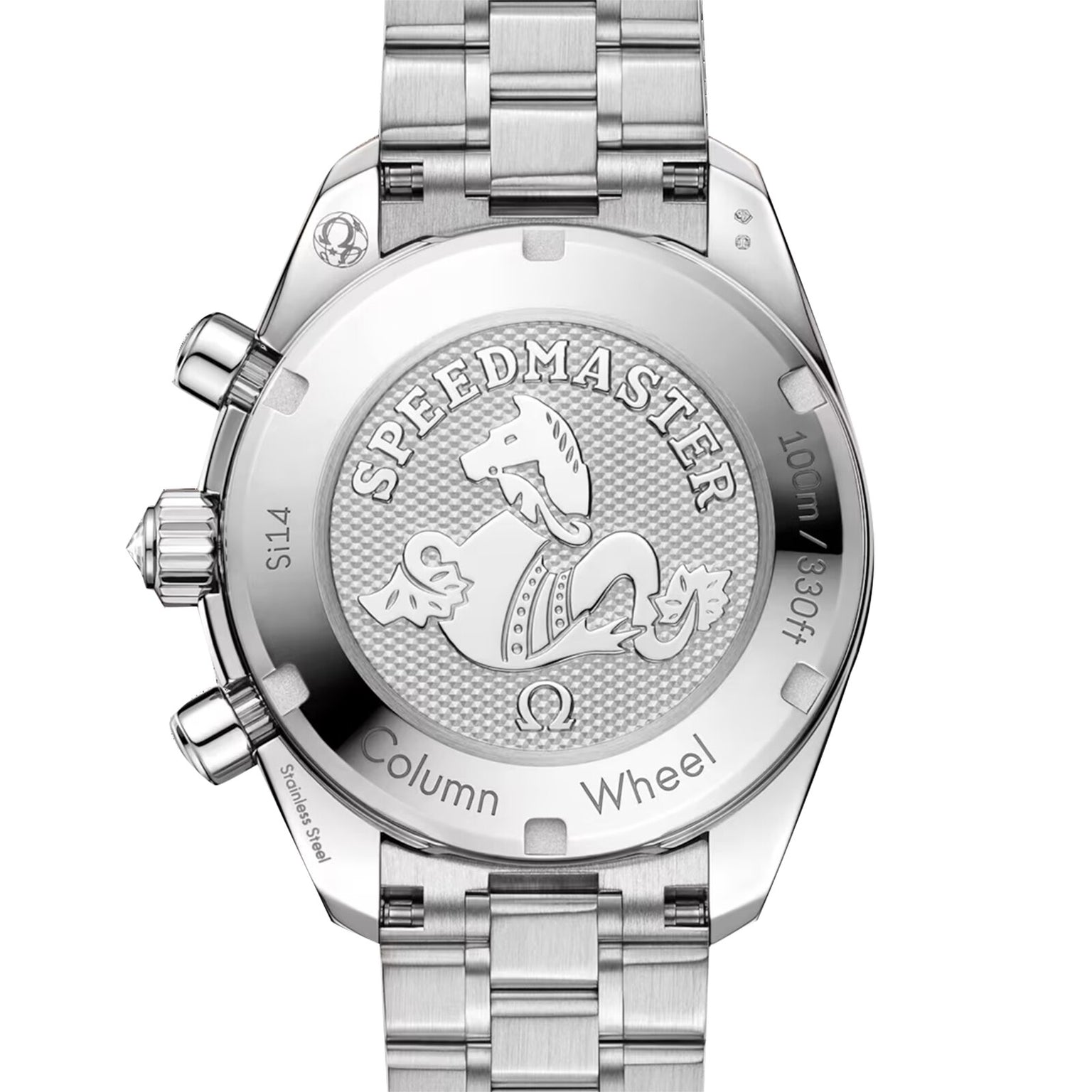 Close-up of the back of the OMEGA Speedmaster 38, showcasing engraved text, a seahorse emblem, and its sleek metal bracelet.