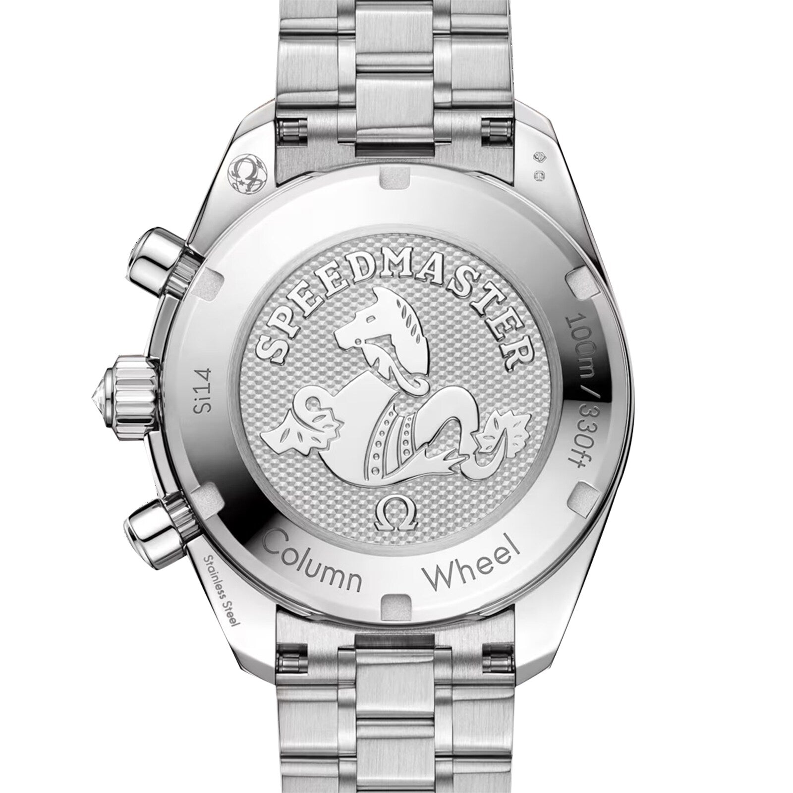Close-up of the back of the OMEGA Speedmaster 38, showcasing engraved text, a seahorse emblem, and its sleek metal bracelet.