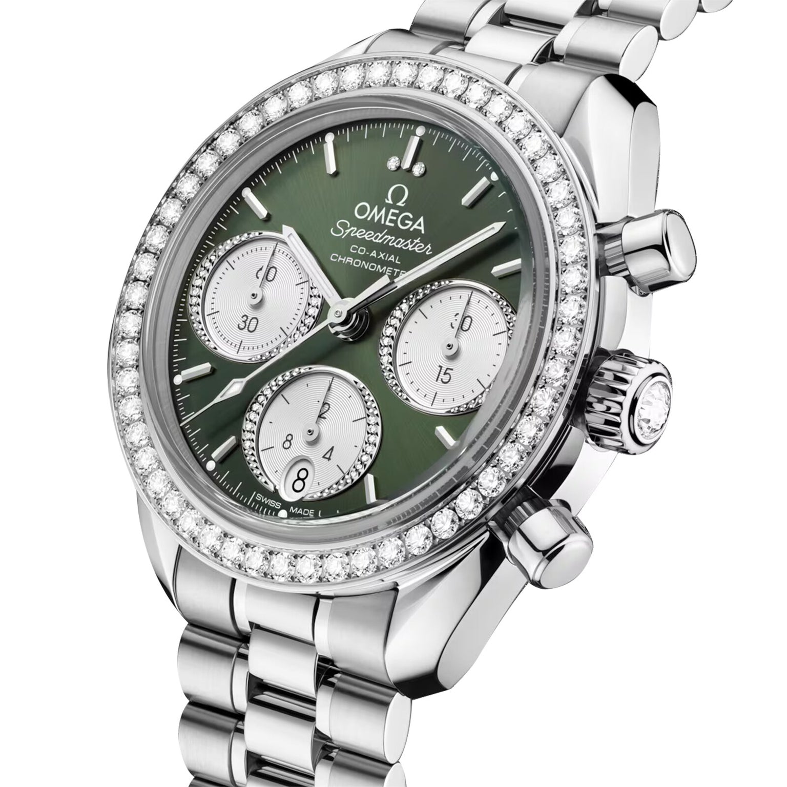 The OMEGA Speedmaster 38 is a stainless steel chronograph watch with a green dial, three subdials, diamond-set bezel, and a metal link bracelet.