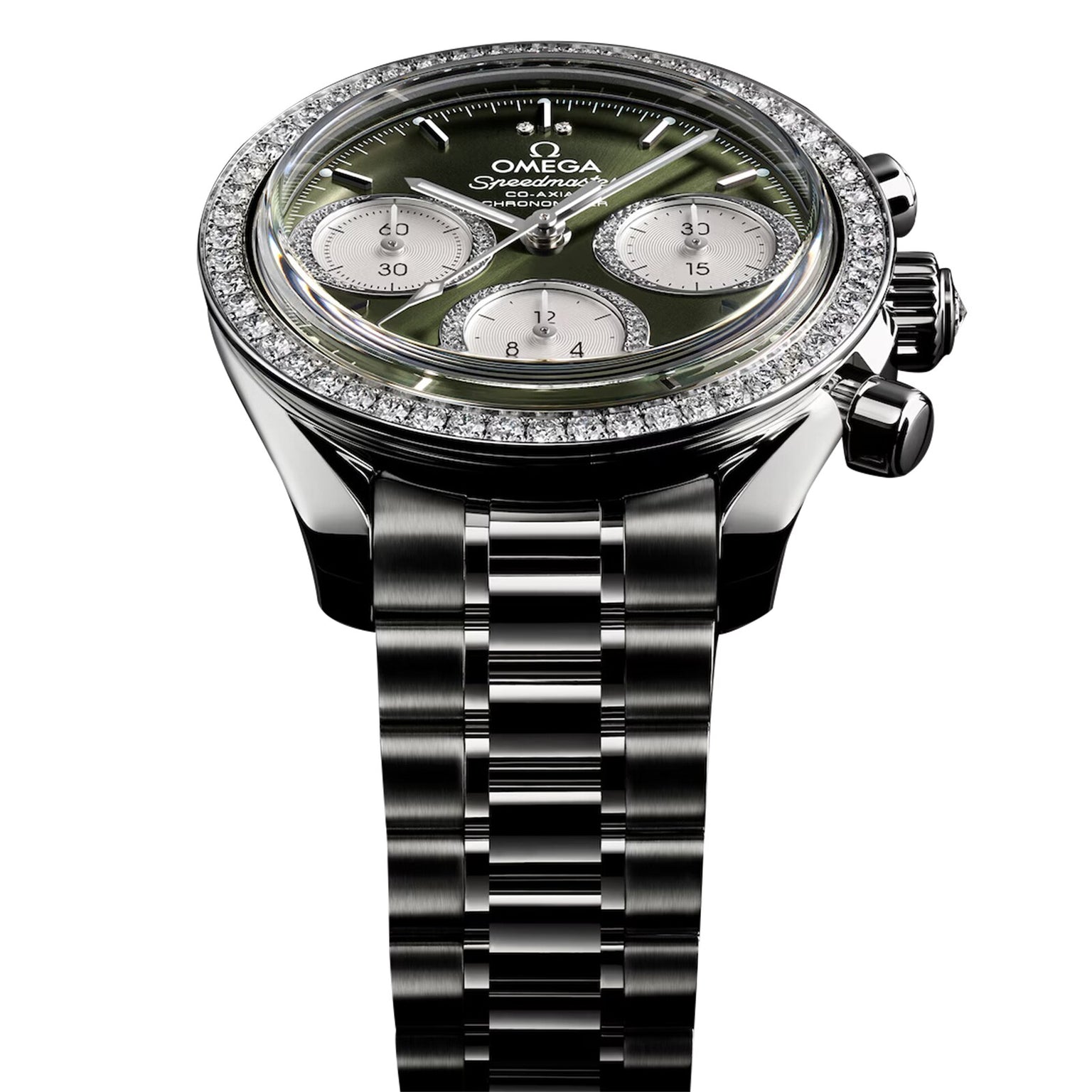 A close-up of the OMEGA Speedmaster 38 chronograph wristwatch featuring a green dial, three subdials, diamond bezel, and stainless steel bracelet.