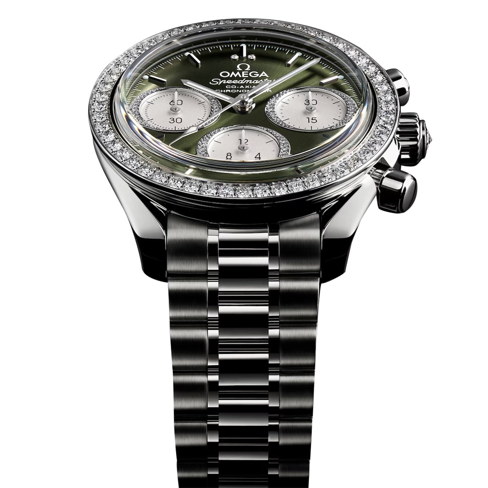 A close-up of the OMEGA Speedmaster 38 chronograph wristwatch featuring a green dial, three subdials, diamond bezel, and stainless steel bracelet.