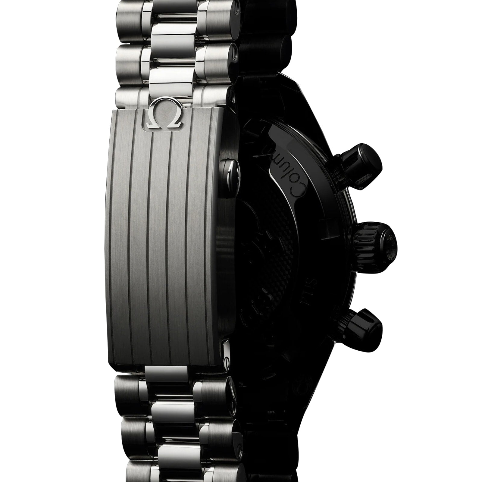 Close-up side view of the stainless steel bracelet and clasp of the OMEGA Speedmaster 38, with part of its black case and chronograph pushers visible against a white background.