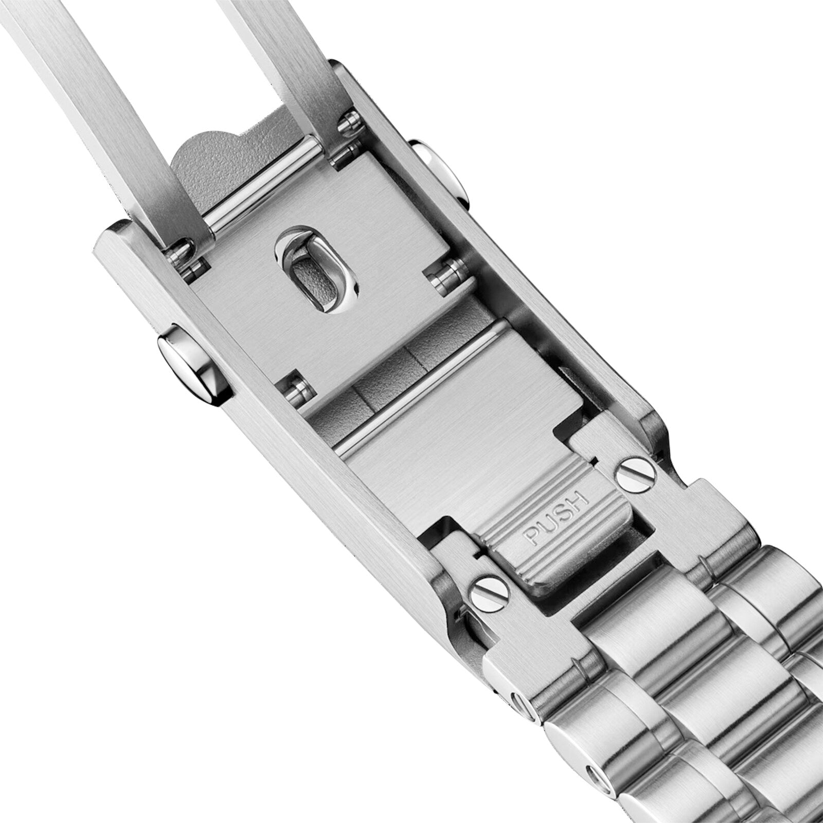 Close-up of the stainless steel clasp on the OMEGA Speedmaster 38, highlighting the “PUSH” button and intricate metal links.