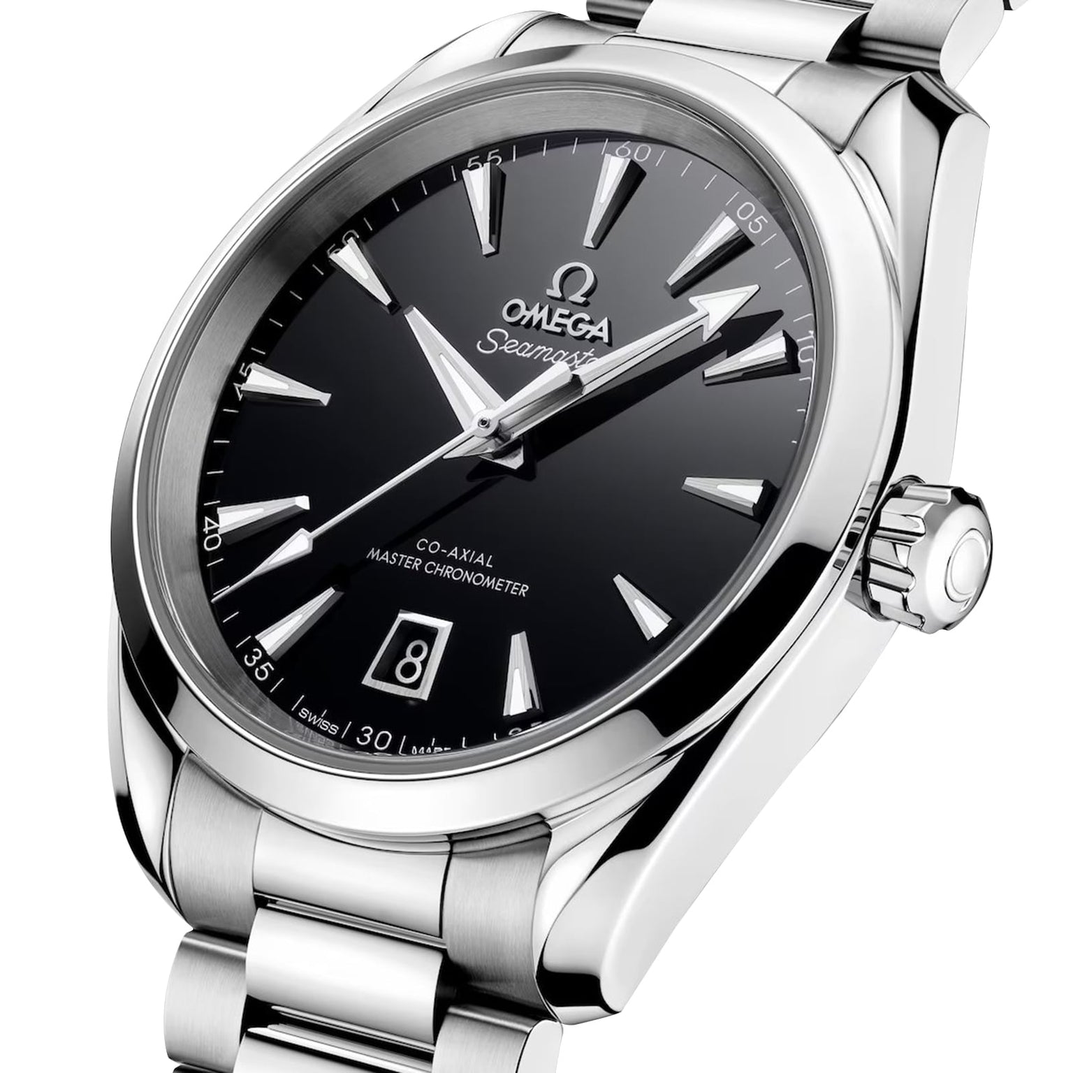 A close-up of an OMEGA Seamaster Aqua Terra 150M stainless steel watch featuring a black dial, date display at 6 oclock, and silver hour markers.