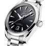 A close-up of an OMEGA Seamaster Aqua Terra 150M stainless steel watch featuring a black dial, date display at 6 oclock, and silver hour markers.
