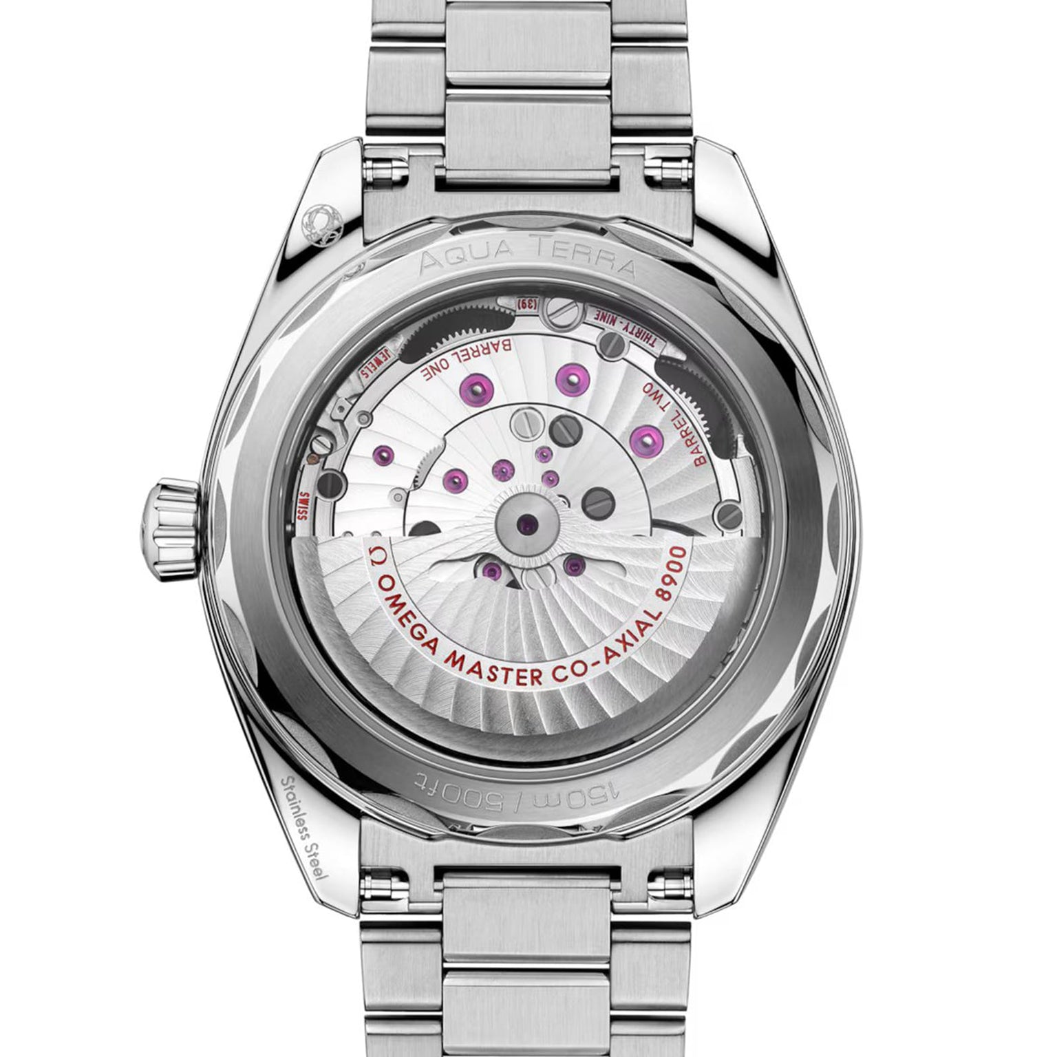 Back view of the OMEGA Seamaster Aqua Terra 150M, featuring the exposed Co-Axial Master Chronometer 8900 movement with visible gears and screws.