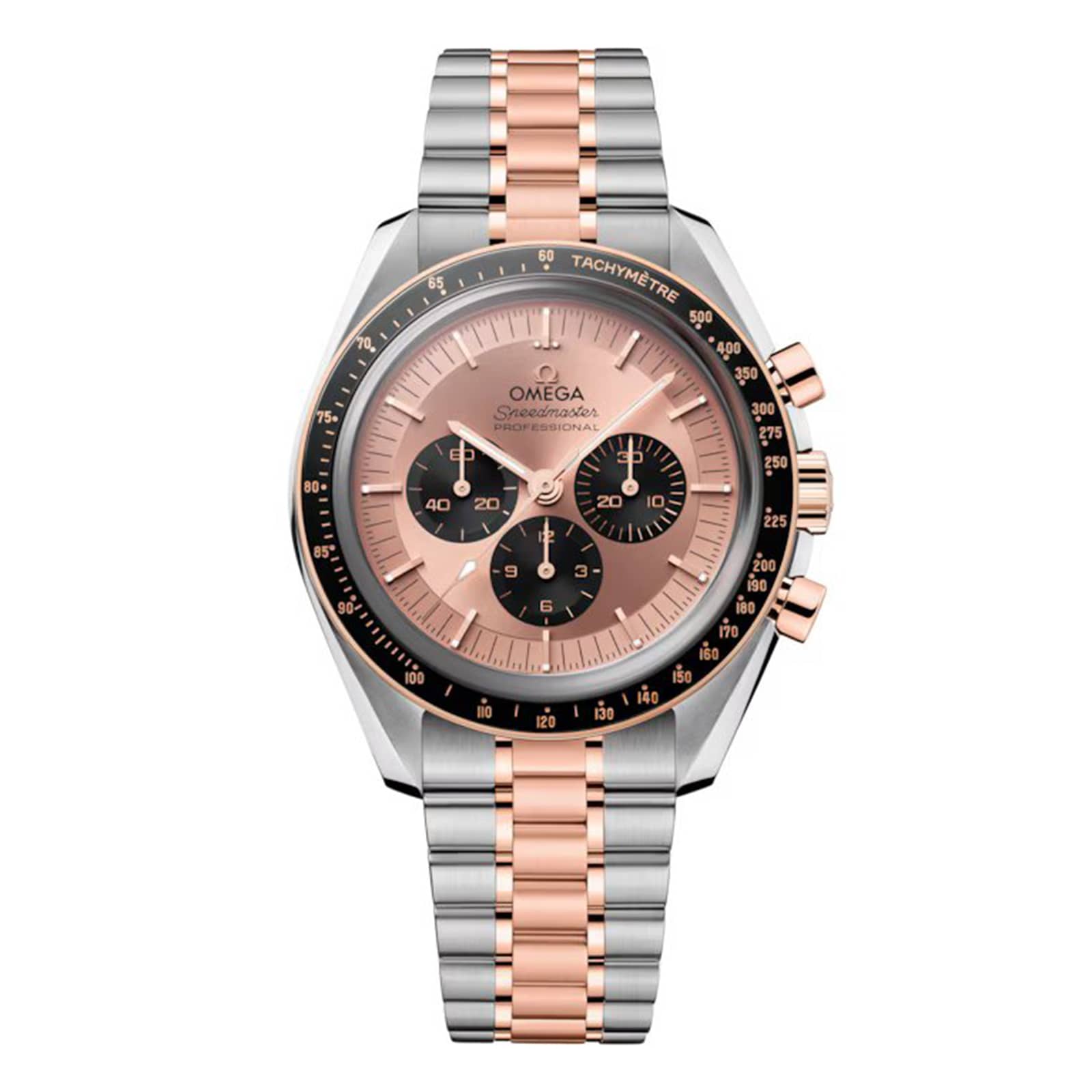 The OMEGA Speedmaster Moonwatch Professional Sedna features a two-tone Sedna™ Gold and stainless steel bracelet, rose gold dial with black subdials, tachymeter bezel, and is powered by the Omega Master Chronometer movement.