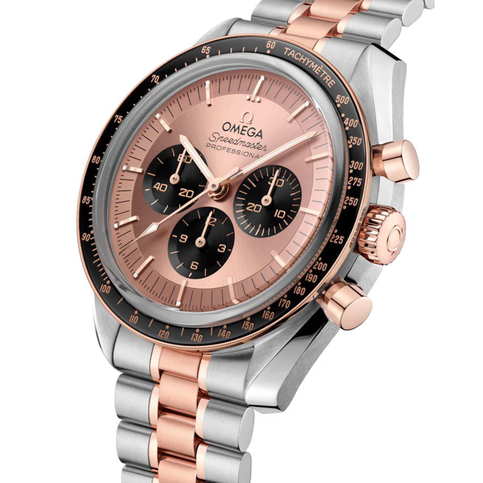 The OMEGA Speedmaster Moonwatch Professional Sedna features a two-tone Sedna™ Gold and stainless steel bracelet, black subdials, and a tachymeter bezel.