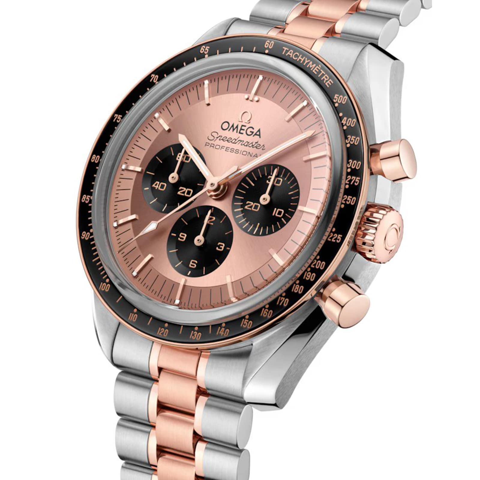 The OMEGA Speedmaster Moonwatch Professional Sedna features a two-tone Sedna™ Gold and stainless steel bracelet, black subdials, and a tachymeter bezel.