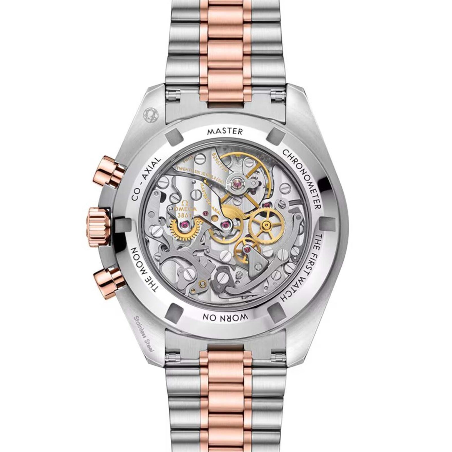 The image shows the back of the OMEGA Speedmaster Moonwatch Professional Sedna, highlighting its silver and Sedna™ Gold metal band, visible mechanical movement, and engraved case back detailing.