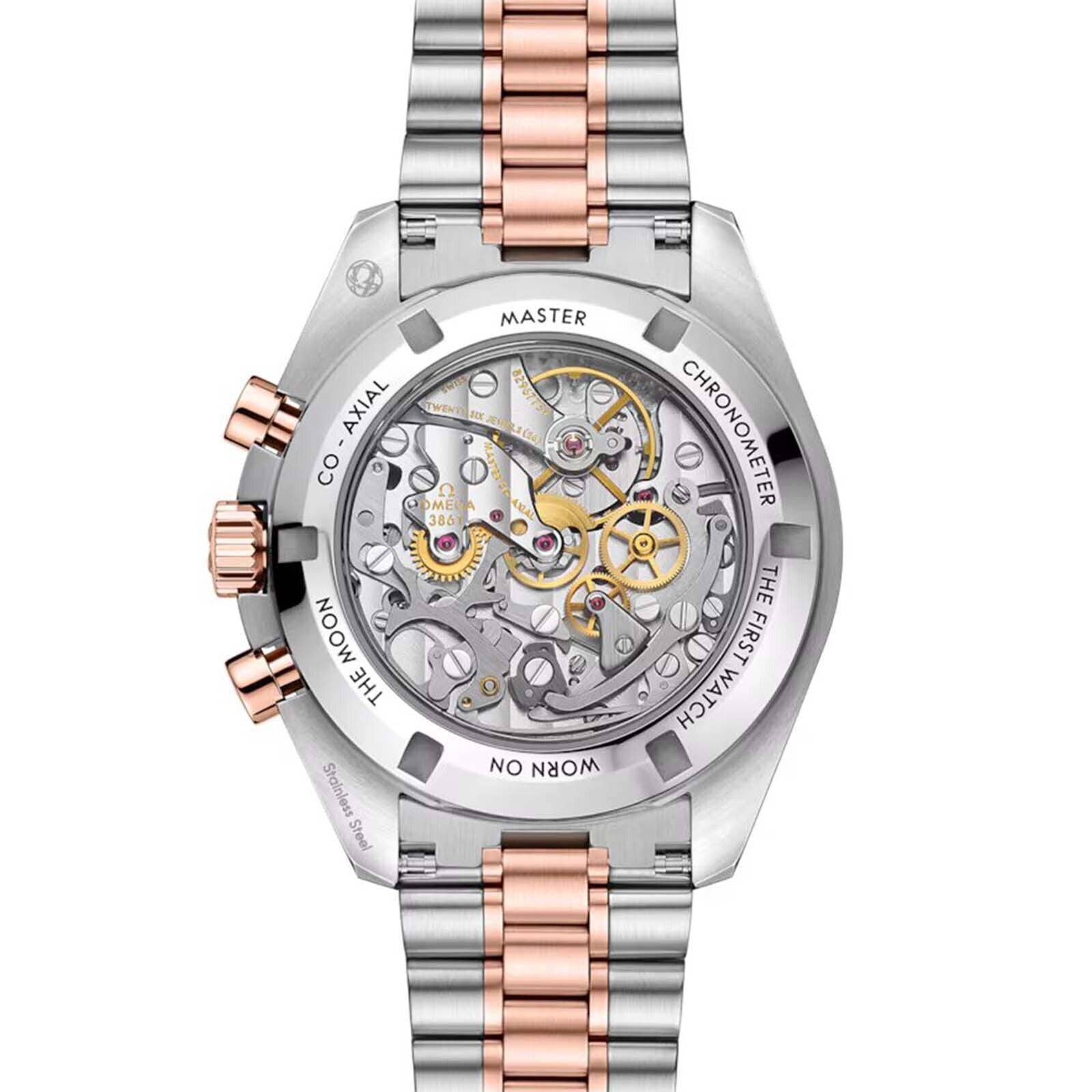 The image shows the back of the OMEGA Speedmaster Moonwatch Professional Sedna, highlighting its silver and Sedna™ Gold metal band, visible mechanical movement, and engraved case back detailing.