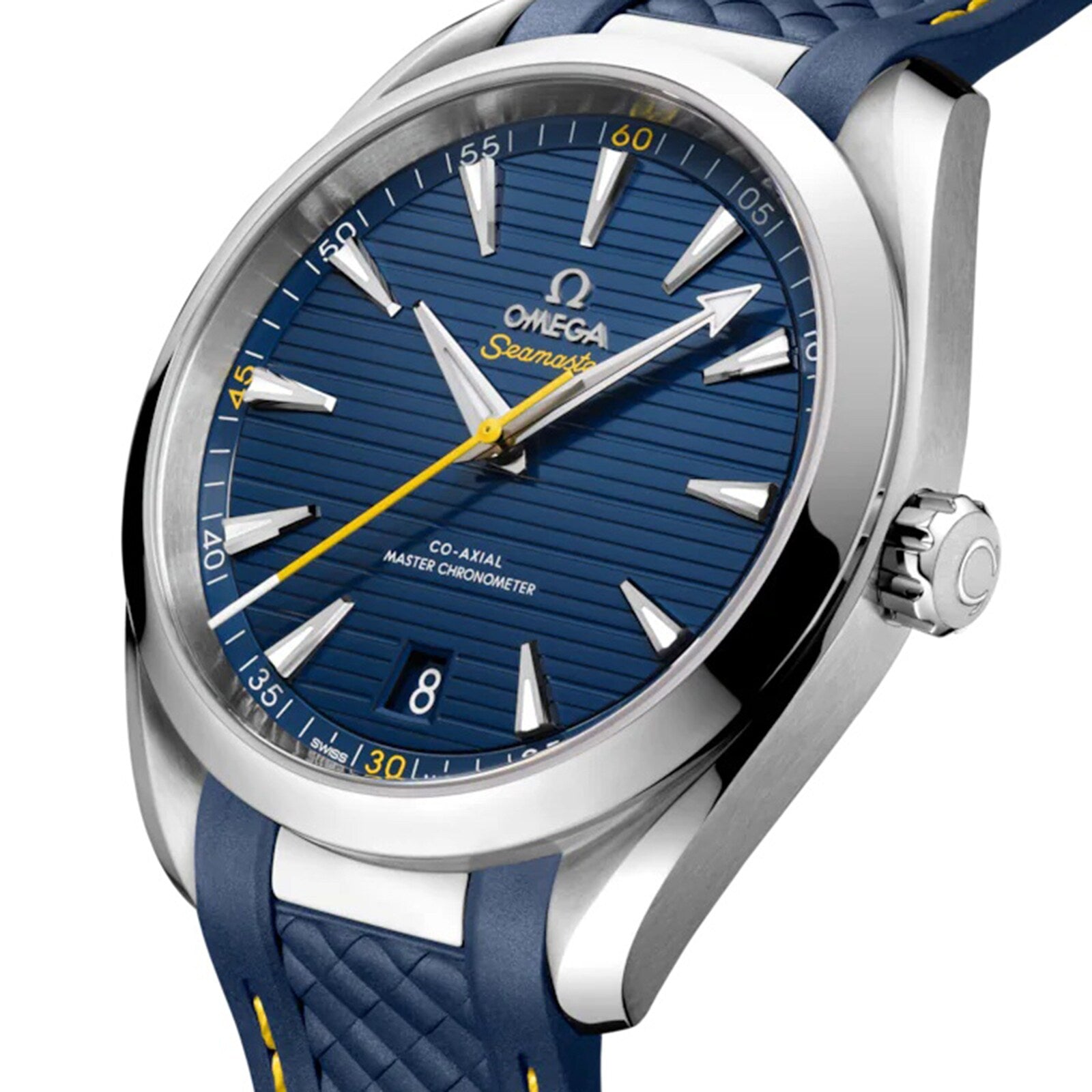 Close-up of an OMEGA Seamaster Aqua Terra 150M in stainless steel, featuring a blue textured dial with silver markers, yellow accents, a blue strap, date at 6 oclock, and powered by the Co-Axial Master Chronometer Calibre 8900.