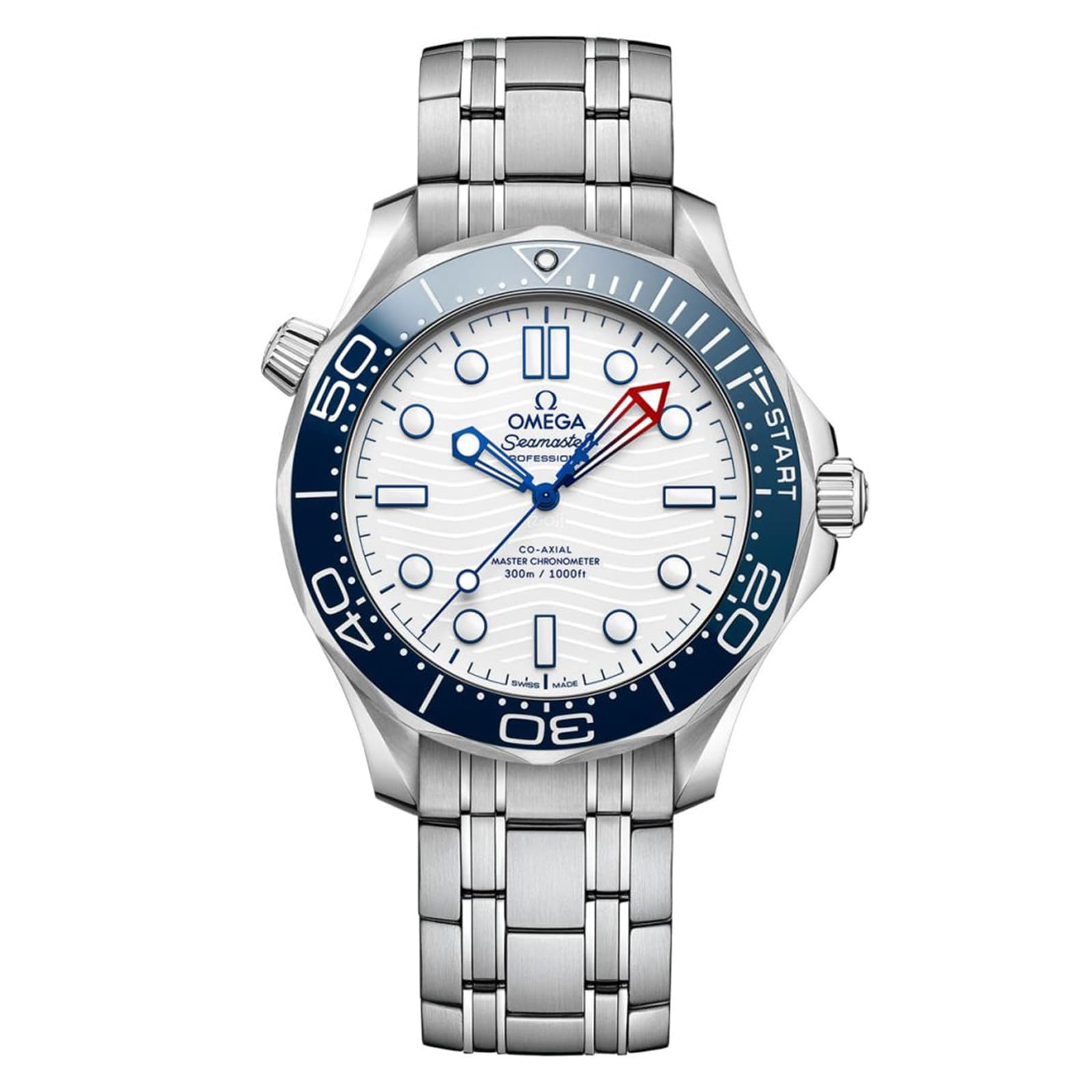 The OMEGA Seamaster Diver Americas Cup 300M is a stainless steel wristwatch with a white dial, blue bezel, silver hour markers, date at 6 o’clock, and a metal bracelet inspired by America’s Cup sailing.
