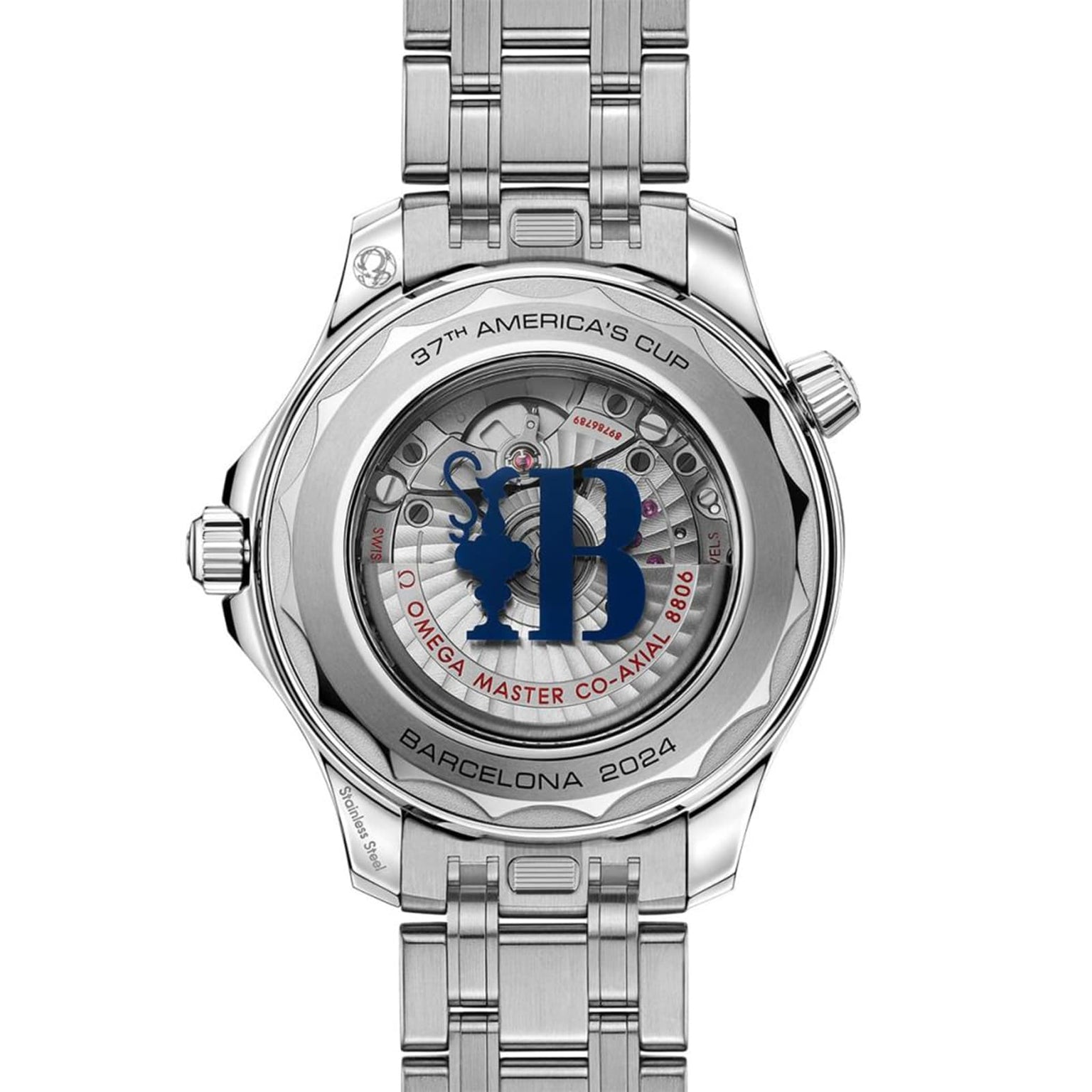 Back view of the OMEGA Seamaster Diver Americas Cup 300M, showing the 37th Americas Cup Barcelona 2024 inscription and a transparent caseback with engraved decorative details.