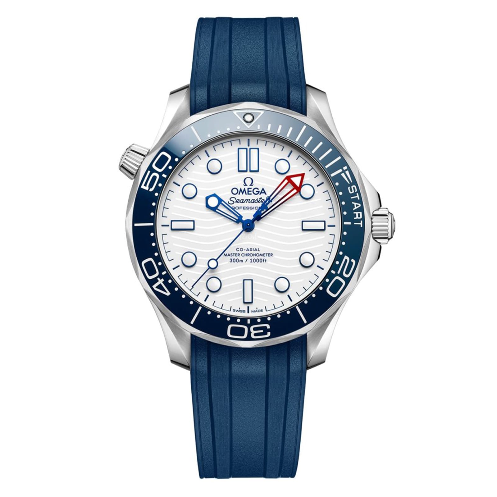 The OMEGA Seamaster Diver Americas Cup 300M features a white dial, blue bezel, blue rubber strap, and red-tipped seconds hand, powered by the Co-Axial Master Chronometer Calibre 8806, shown against a white background.