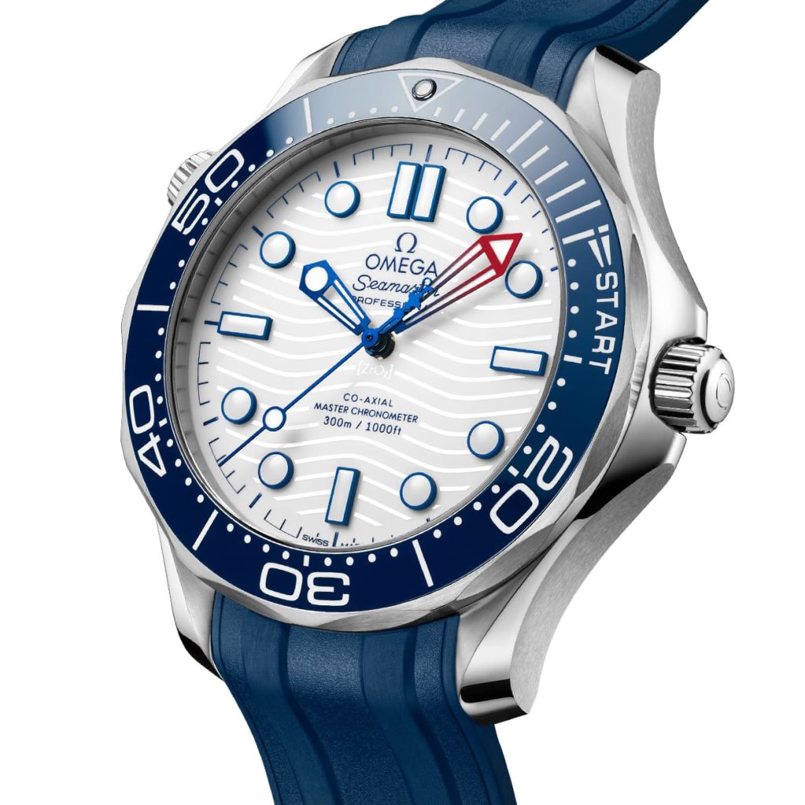 A close-up of the OMEGA Seamaster Diver Americas Cup 300M with a blue bezel, white dial, blue and red hands, regatta scale, blue rubber strap, powered by the Co-Axial Master Chronometer Calibre 8806.