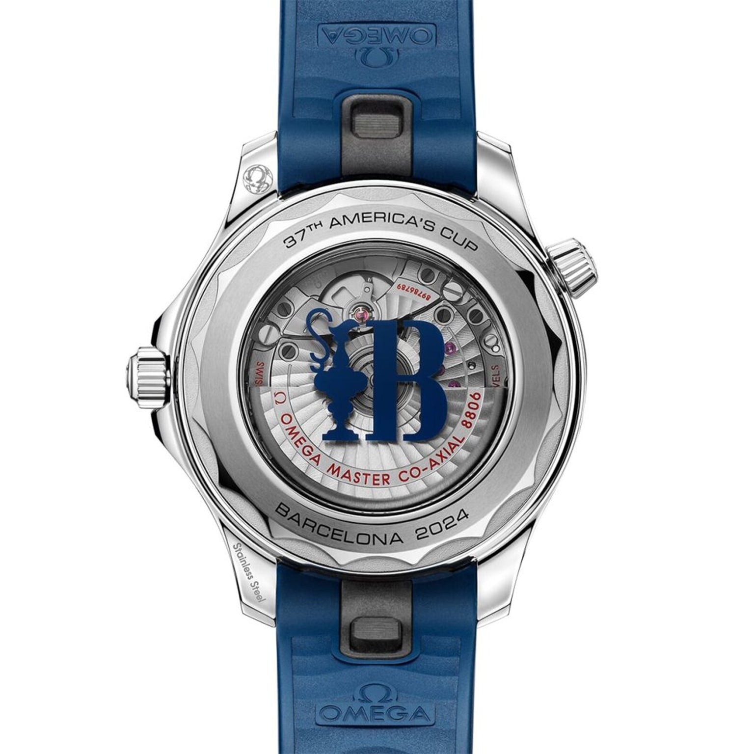 Back of the OMEGA Seamaster Diver Americas Cup 300M with 37th Americas Cup, Barcelona 2024 and Co-Axial Master Chronometer Calibre 8806 engraved on the case, featuring a blue strap and regatta scale detailing.
