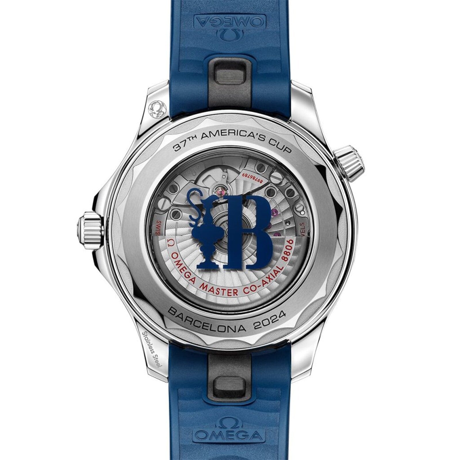 Back of the OMEGA Seamaster Diver Americas Cup 300M with 37th Americas Cup, Barcelona 2024 and Co-Axial Master Chronometer Calibre 8806 engraved on the case, featuring a blue strap and regatta scale detailing.