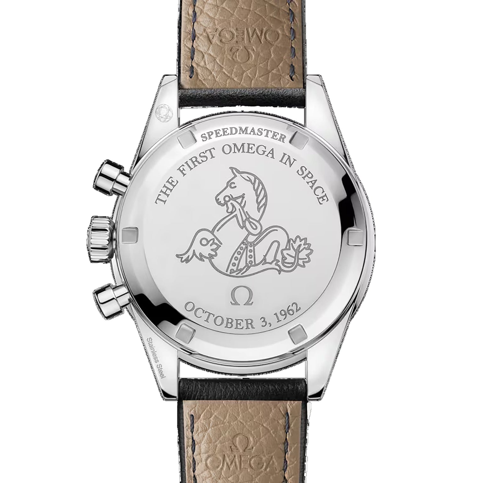 The OMEGA Speedmaster First OMEGA in Space features a caseback engraved with THE FIRST OMEGA IN SPACE, a seahorse emblem, and OCTOBER 3, 1962. A black leather strap and part of the tachymeter scale can also be seen.