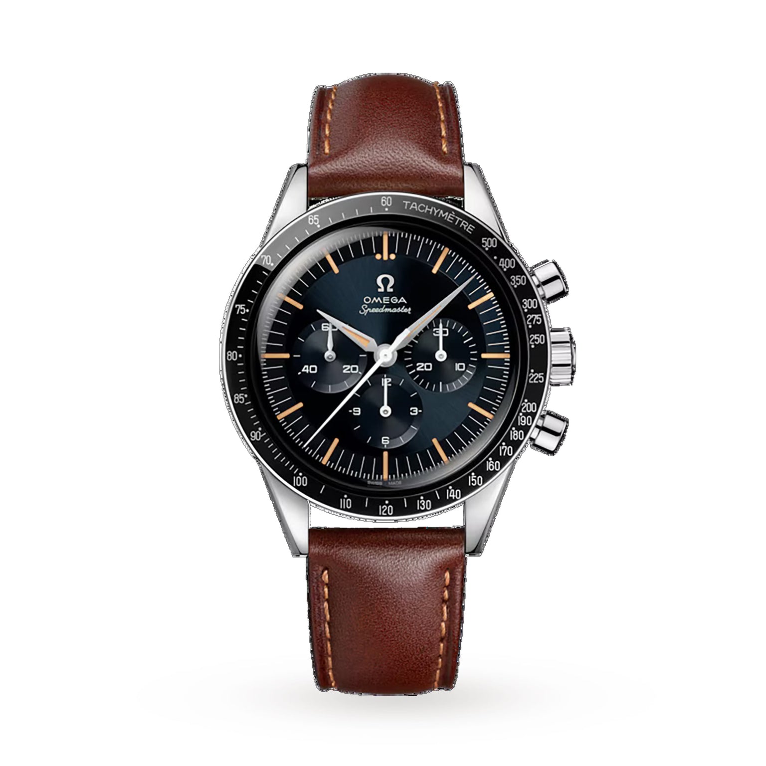 A stainless steel OMEGA Speedmaster Anniversary Series watch with a black dial, three subdials, tachymeter bezel, and brown leather strap is shown on a white background.