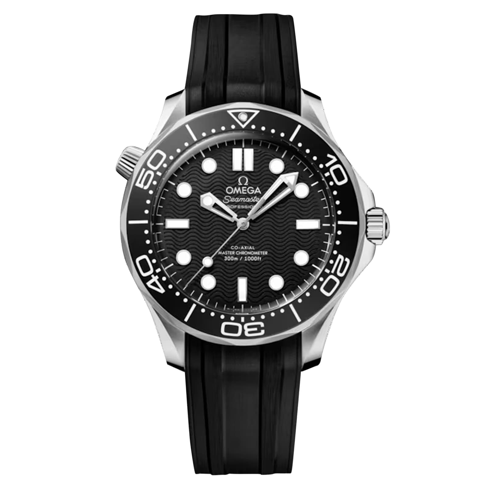 The OMEGA Seamaster Diver 300M features a black wave-patterned dial with white markers and hands, a stainless steel case, black rubber strap, and is powered by the OMEGA Co-Axial Master Chronometer movement.
