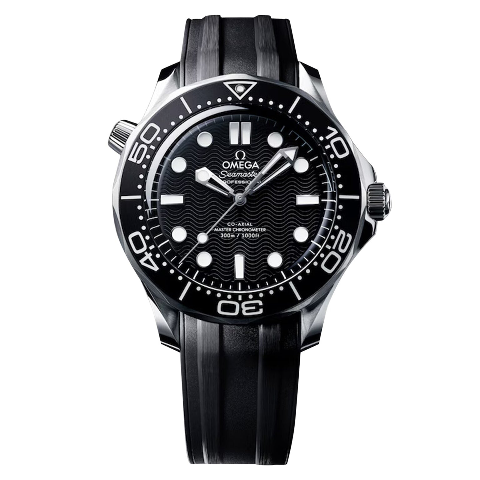 The OMEGA Seamaster Diver 300M, shown against a white background, features a black wave-patterned dial with white markers, a rotating bezel, robust stainless steel case, and black rubber strap.