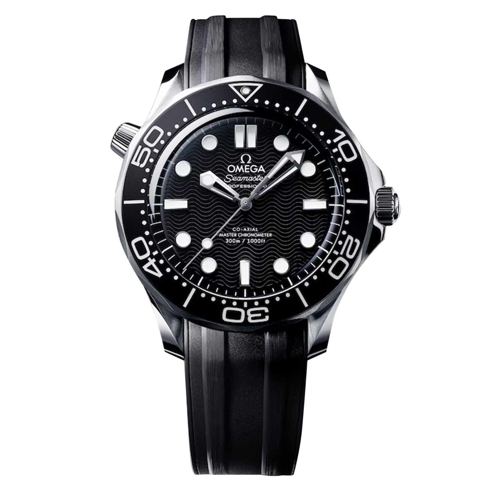 The OMEGA Seamaster Diver 300M, shown against a white background, features a black wave-patterned dial with white markers, a rotating bezel, robust stainless steel case, and black rubber strap.