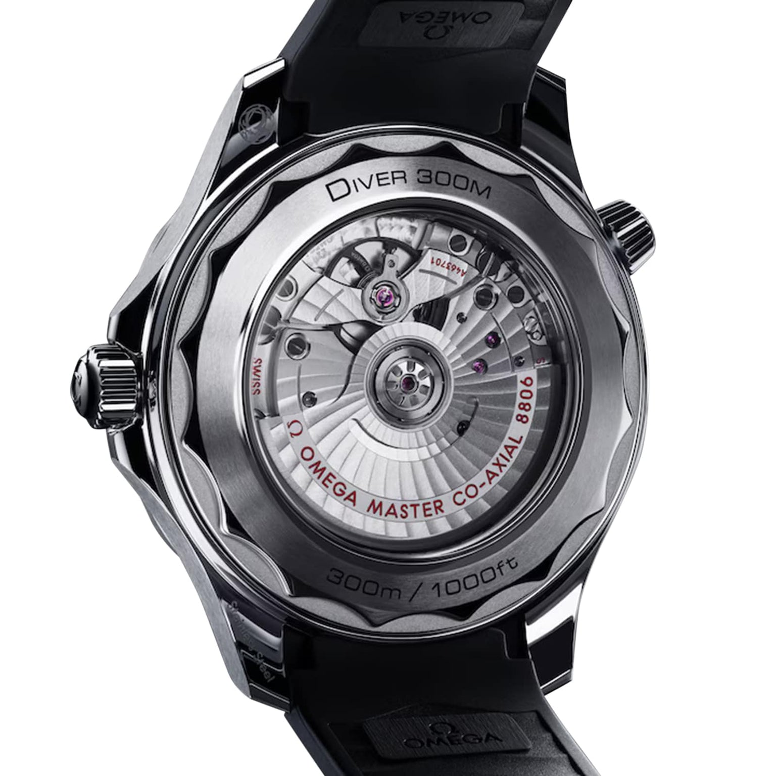 Close-up of the OMEGA Seamaster Diver 300M’s stainless steel caseback, showing engraved details and the OMEGA Co-Axial Master Chronometer movement.