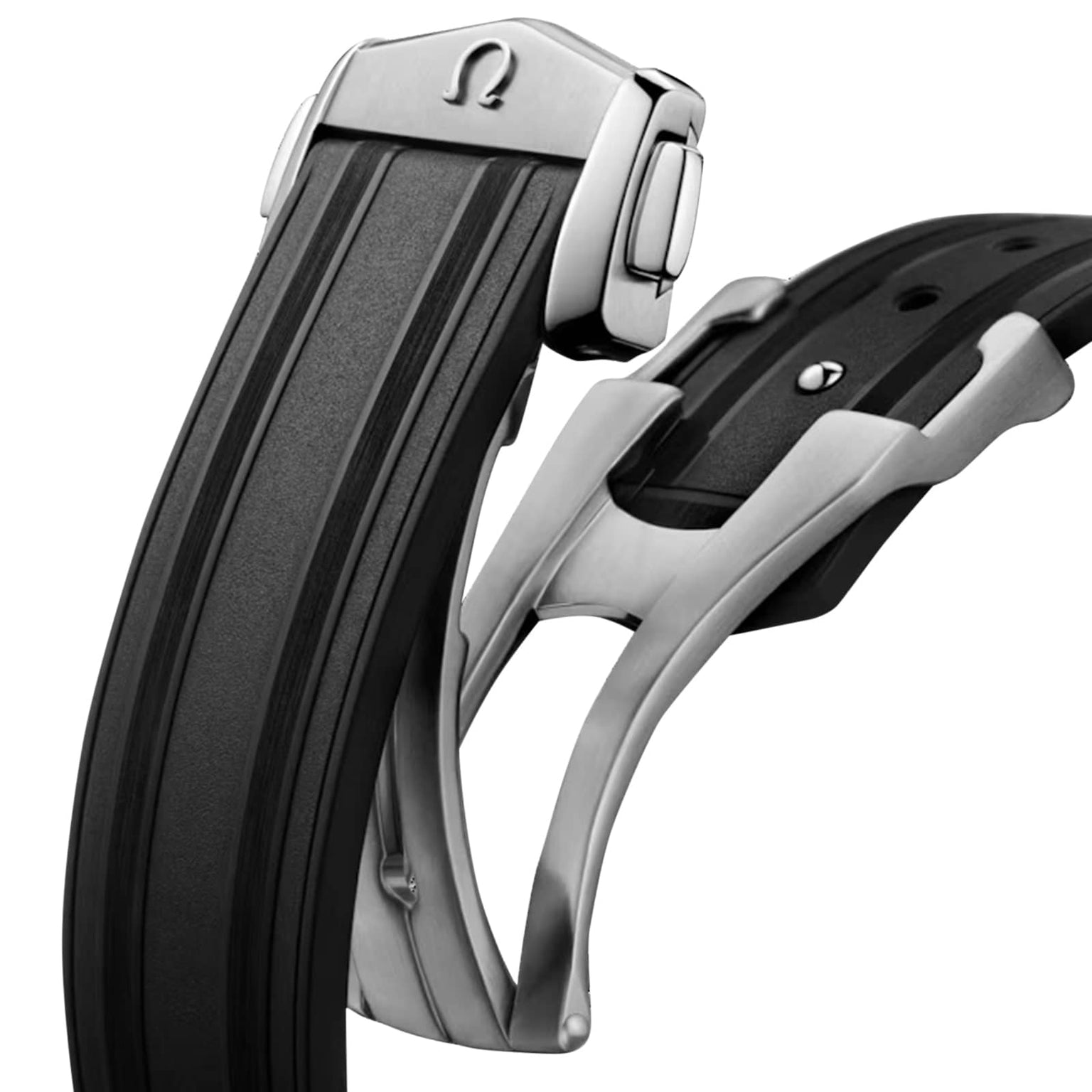 Close-up of a black rubber watch strap with a stainless steel OMEGA deployment clasp, shown from the side against a white background—ideal for the OMEGA Seamaster Diver 300M.