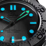 Close-up of the OMEGA Seamaster Diver 300M in stainless steel, showing blue and green luminous markers and hands at 10:08, a black bezel with numerals, and a dial marked 300m / 1000ft and Co-Axial Master Chronometer.