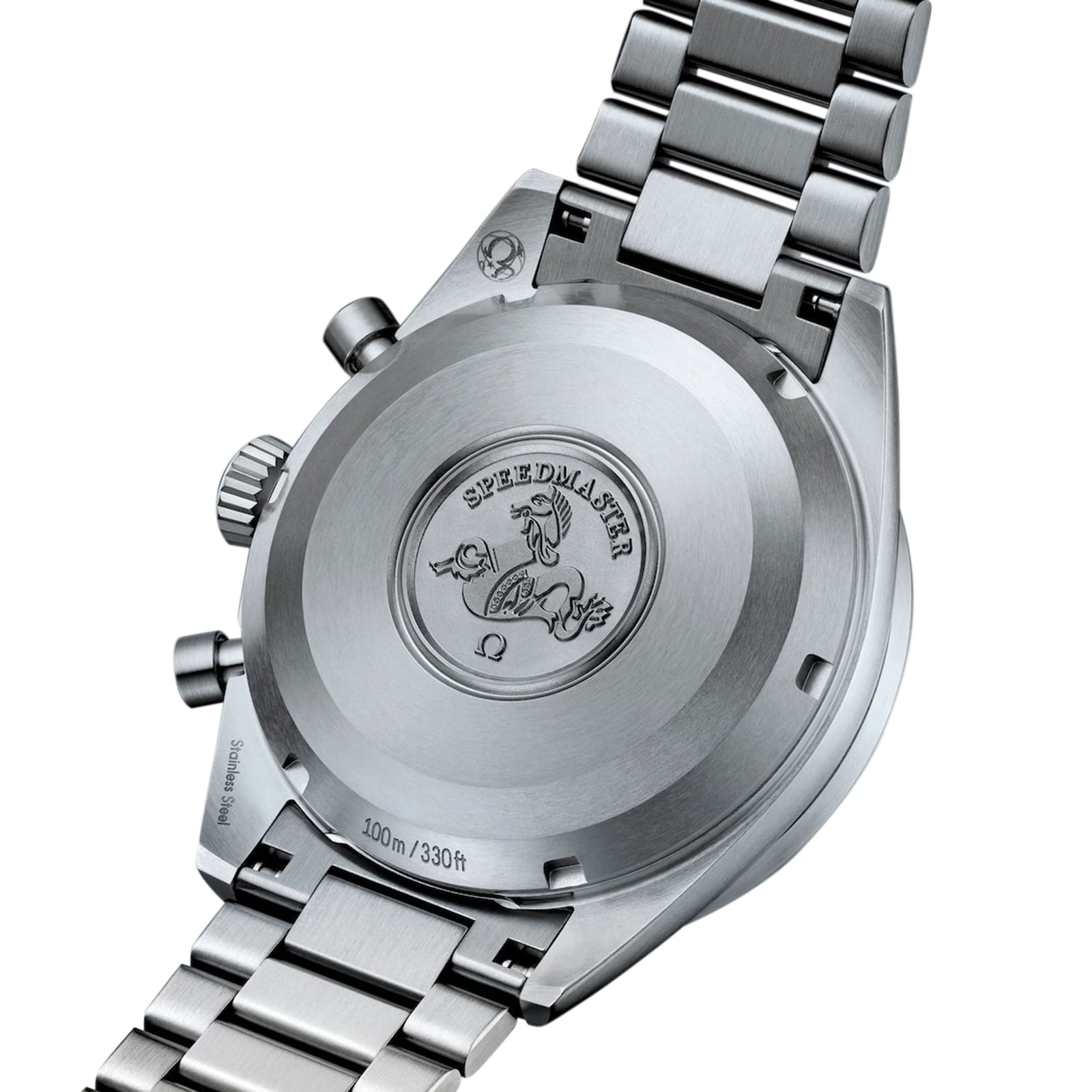 Close-up of the back of an OMEGA Speedmaster Pilot stainless steel watch, featuring the engraved logo, commemorative text marking its Moon landing legacy, and a detailed metal bracelet.