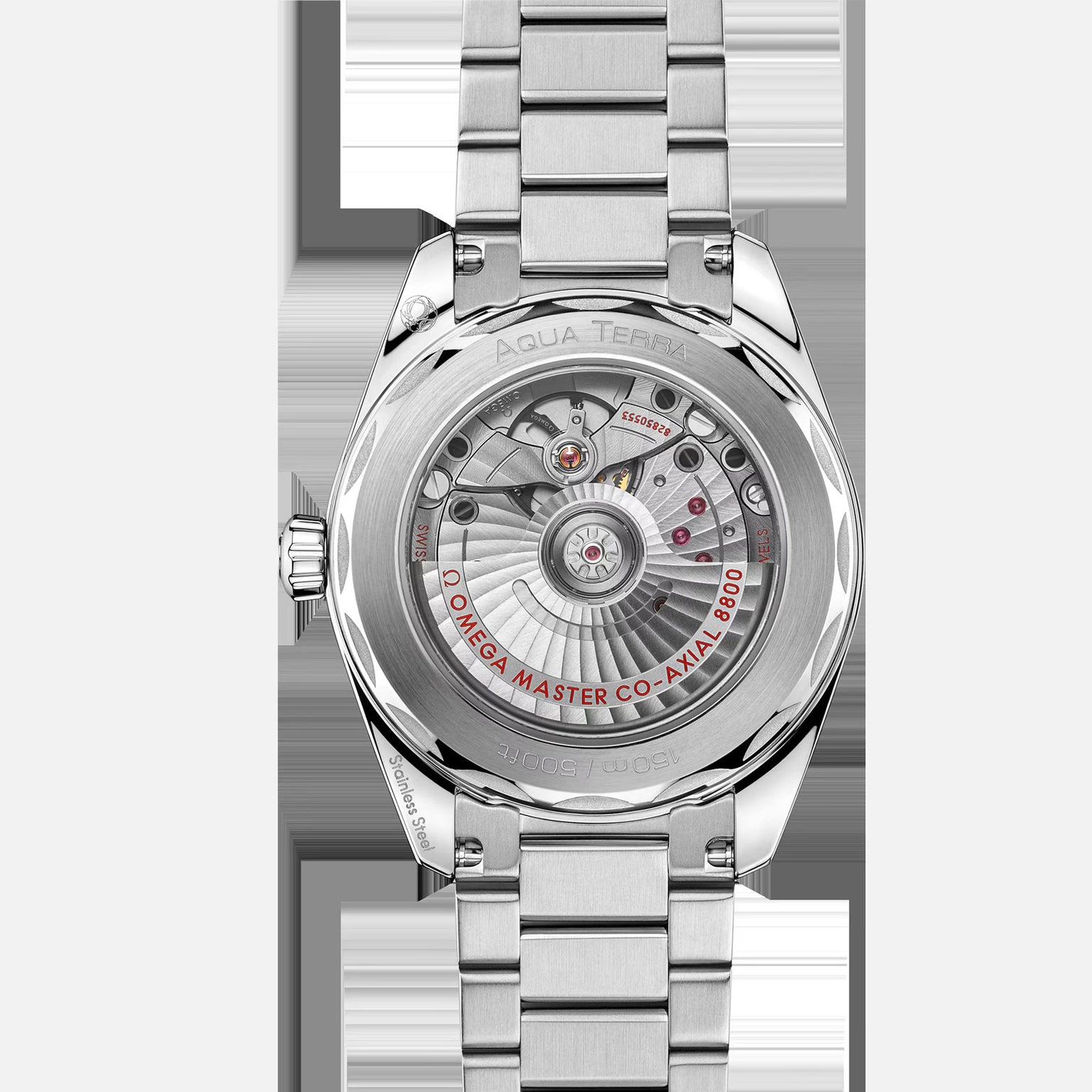 Close-up of the transparent case back of the OMEGA Seamaster Aqua Terra 150M, revealing its intricate mechanical movement and Co-Axial Master Chronometer Calibre 8800.