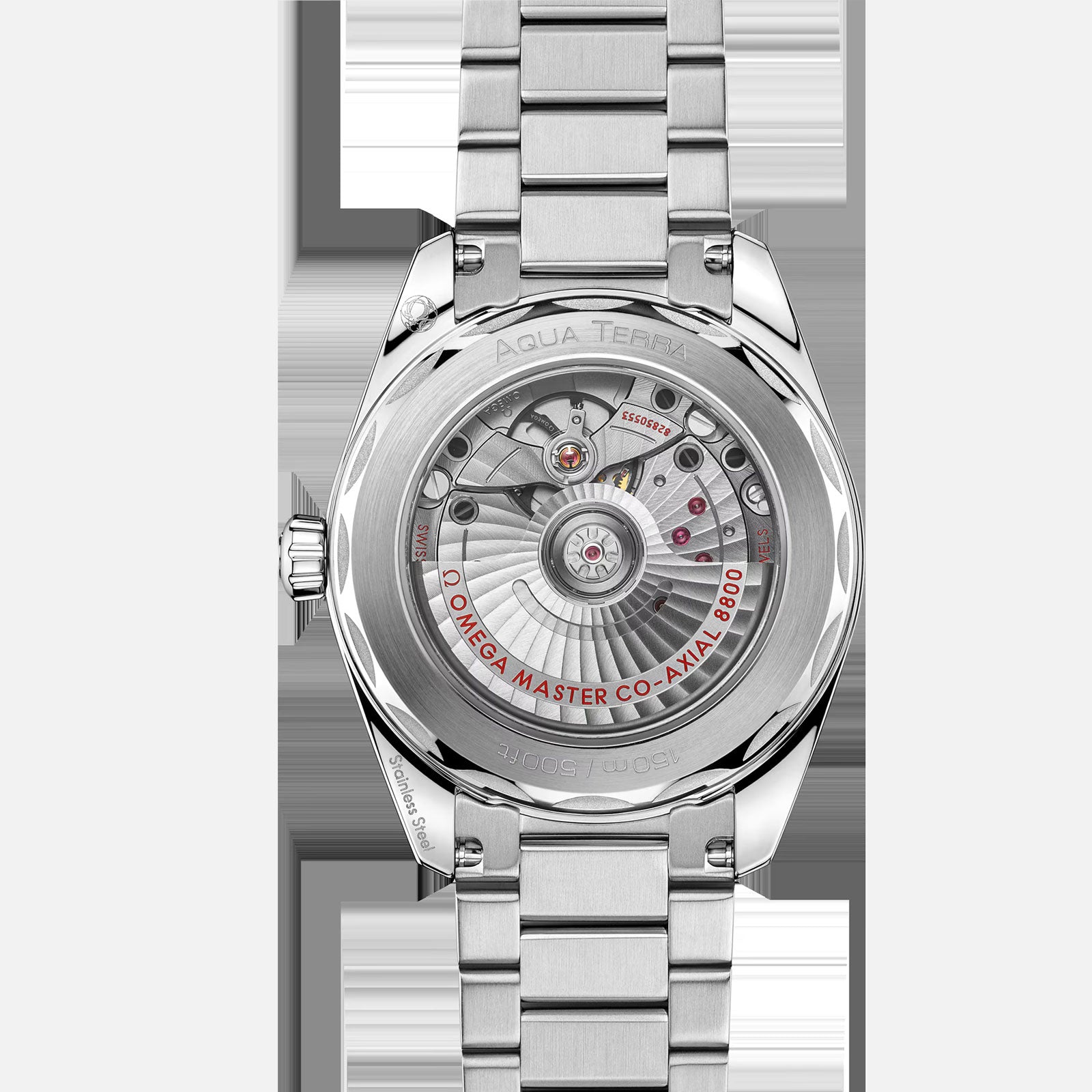 Close-up of the transparent case back of the OMEGA Seamaster Aqua Terra 150M, revealing its intricate mechanical movement and Co-Axial Master Chronometer Calibre 8800.