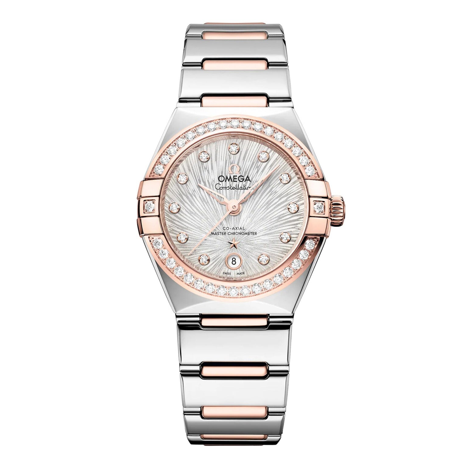The OMEGA Constellation features a two-tone silver and rose gold band, diamond-set bezel, textured silver dial, and a date display at 6 o’clock.
