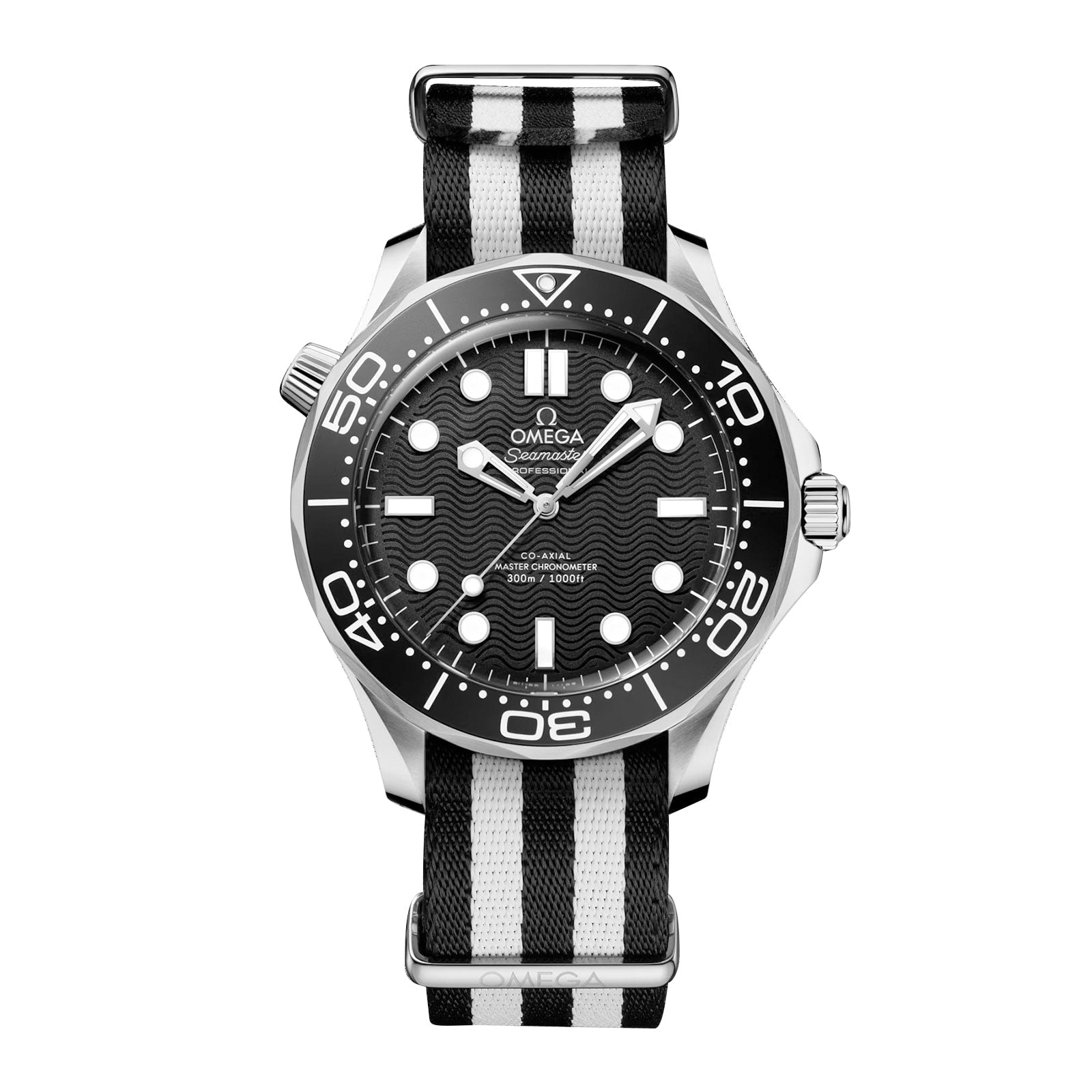 The OMEGA Seamaster Diver 300M features a black dial with white markers, a rotating bezel, and a black and white striped NATO strap.