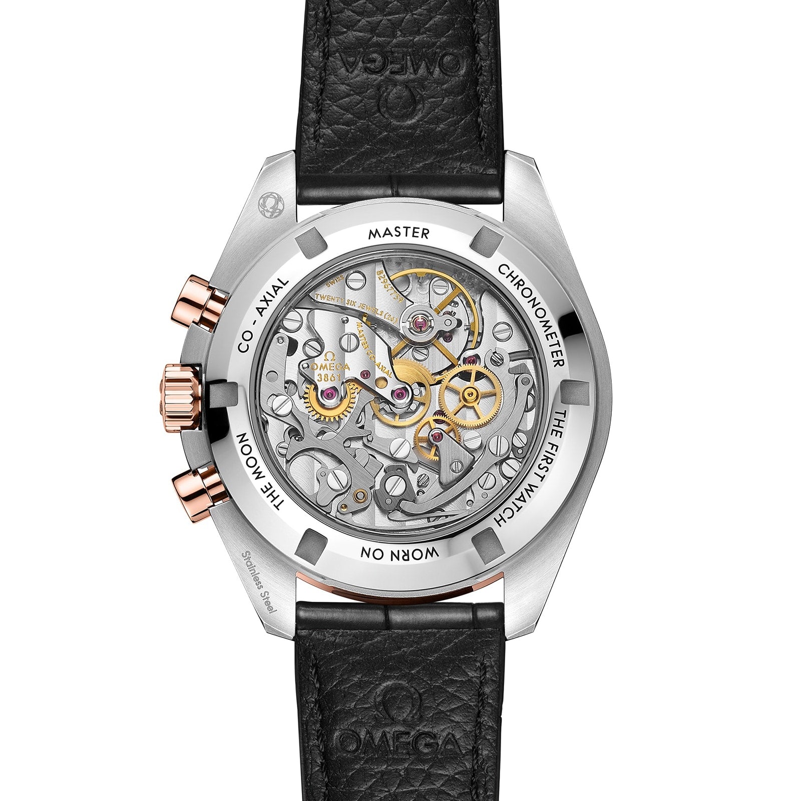 Close-up of the back of an OMEGA Speedmaster Moonwatch, featuring a transparent case that reveals its detailed mechanical movement and engraved text on the rim.