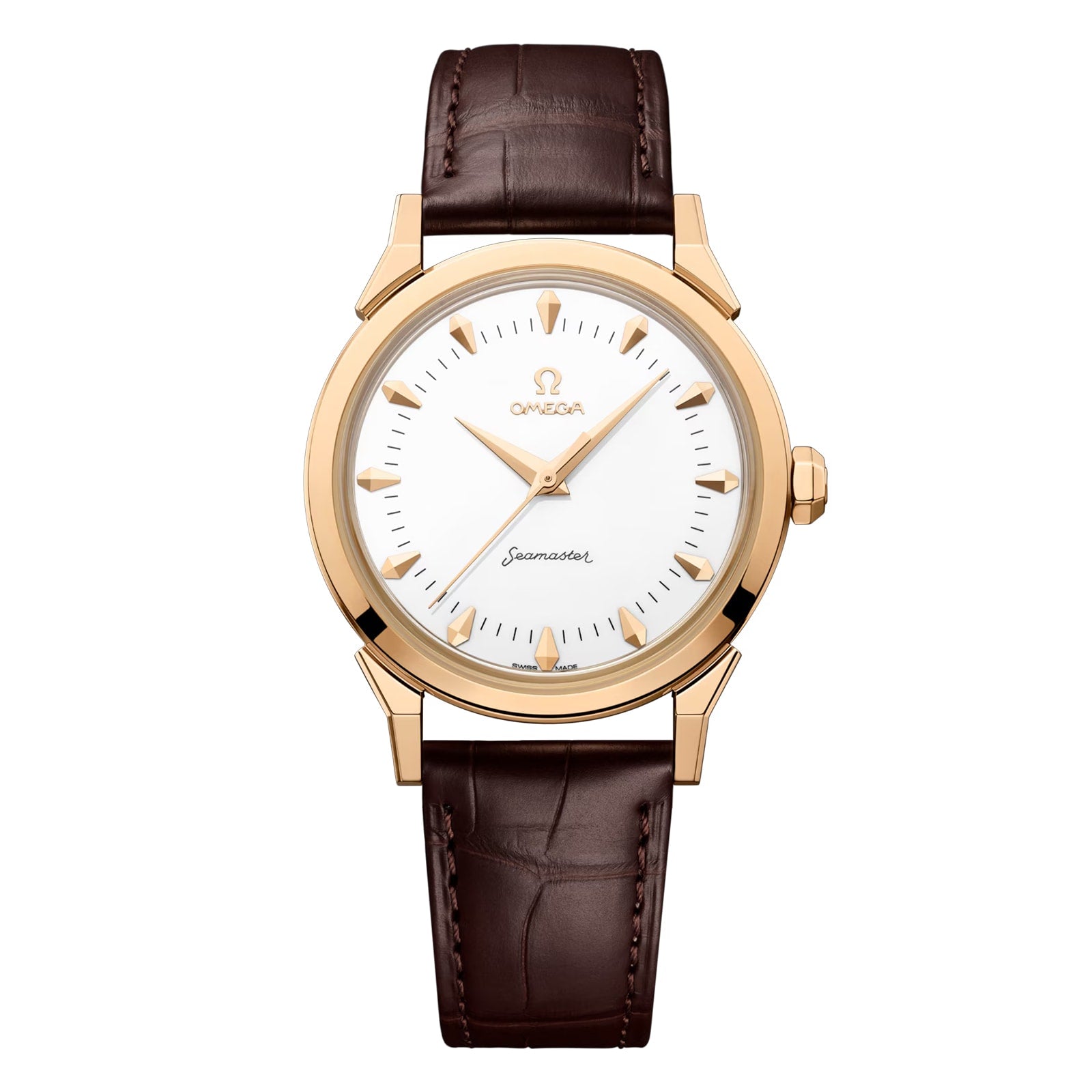 A gold OMEGA Seamaster Moonshine wristwatch with a white dial, gold hands and indices, and a brown leather strap, displayed on a white background—an elegant tribute to OMEGA’s Milano Cortina 2026 partnership.
