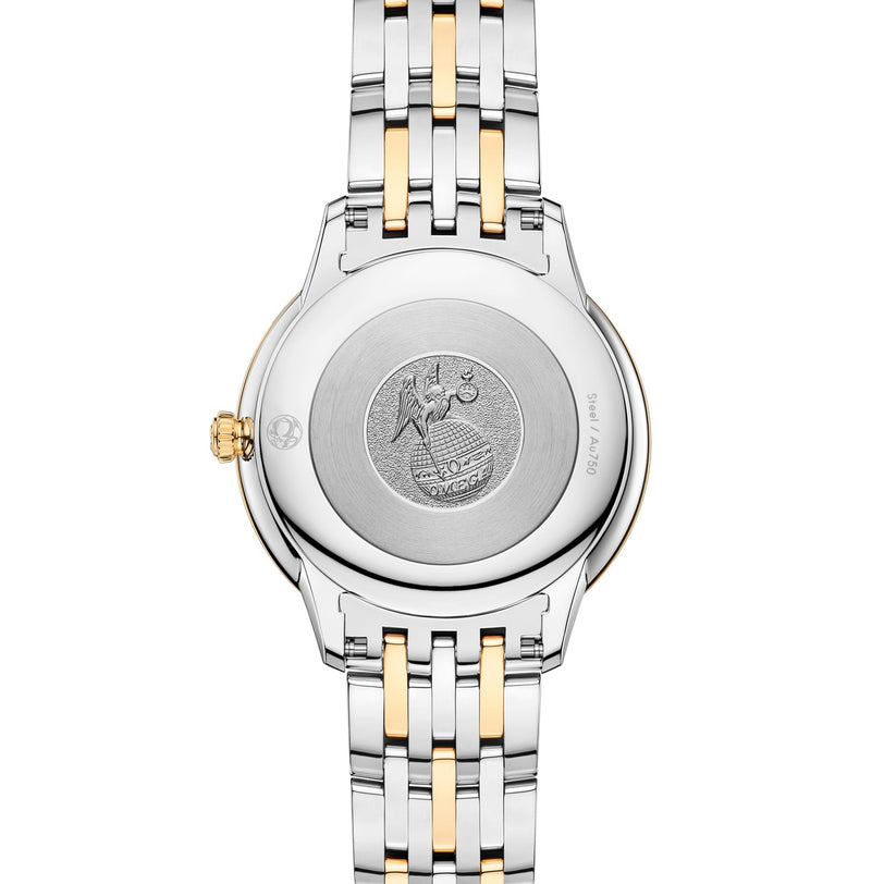 Back view of the OMEGA De Ville Prestige, featuring a round stainless steel case with engraved emblem and a silver-gold two-tone metal link bracelet.
