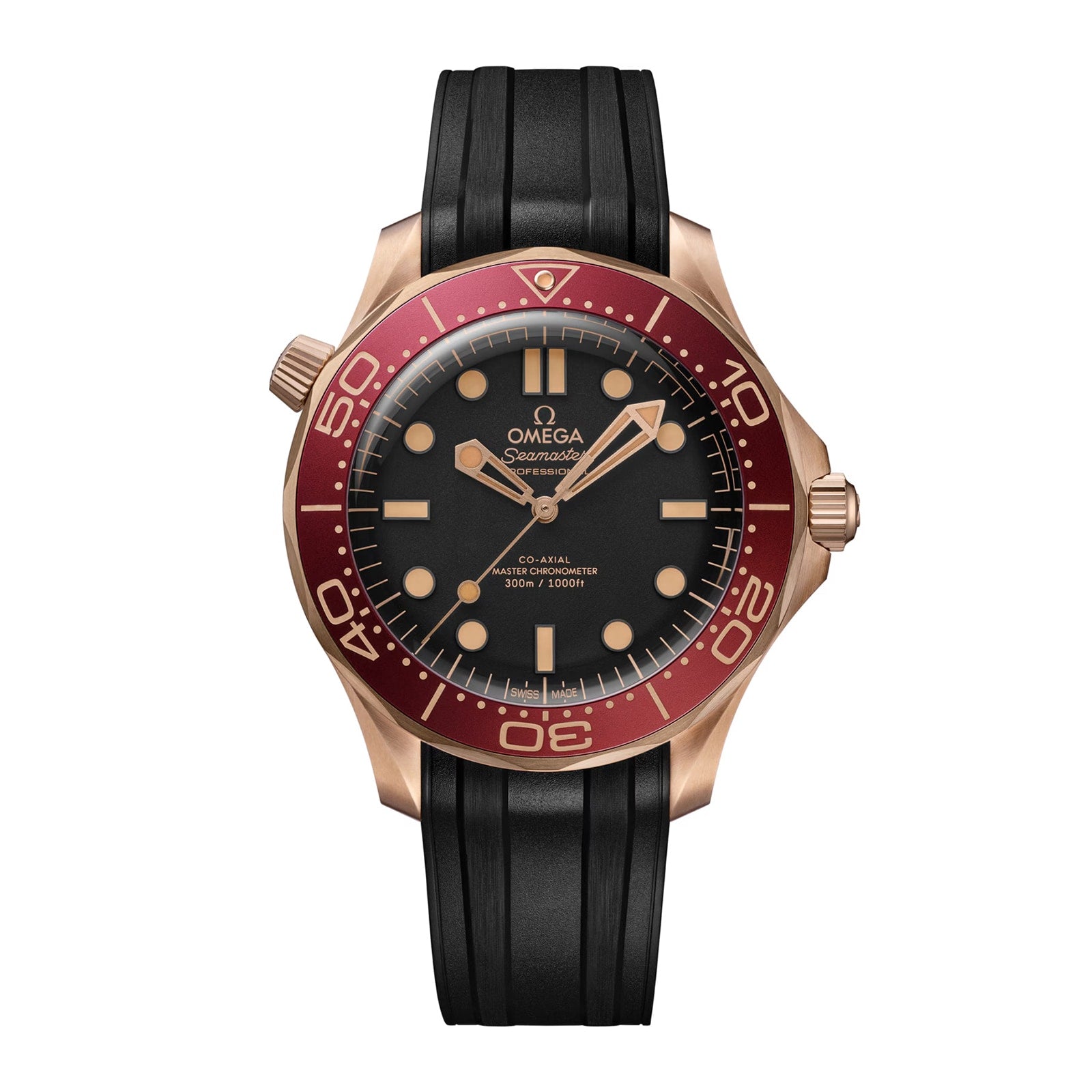 The OMEGA Seamaster Diver 300M features a black dial, Bronze Gold case, burgundy bezel, and black rubber strap. Showcased on a white background, this watch blends luxury and performance as an OMEGA Co-Axial Master Chronometer.
