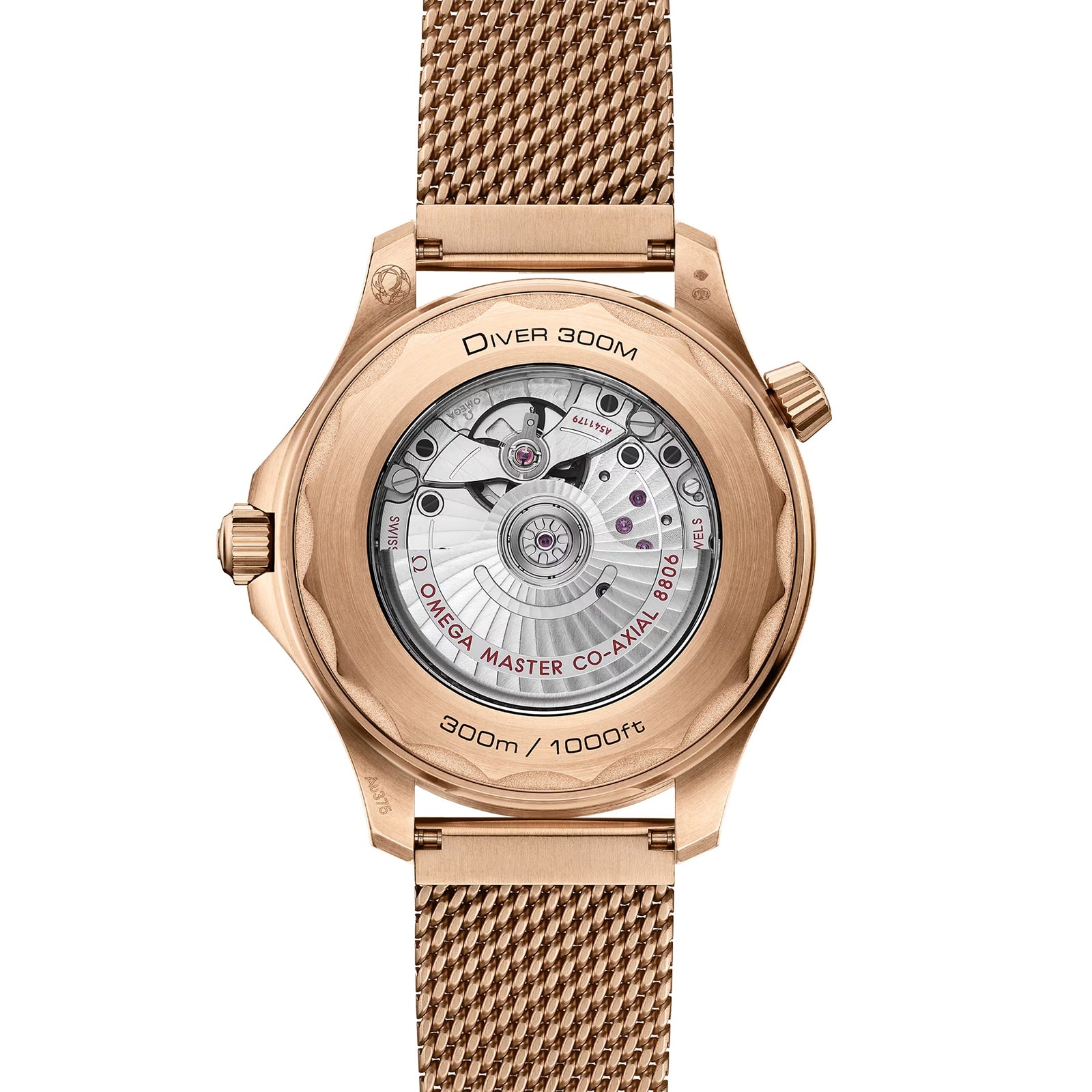 Back view of the OMEGA Seamaster Diver 300M highlighting its transparent case back, visible Co-Axial Master Chronometer movement, detailed engravings, and distinctive Bronze Gold mesh bracelet.