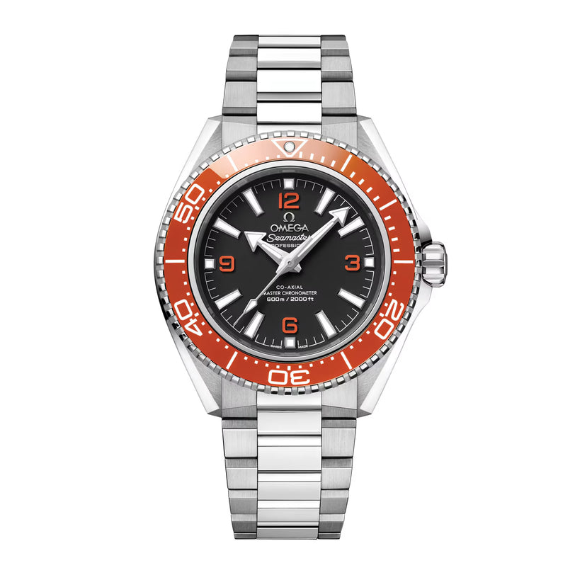 Omega watch with silver and red design on a white background
