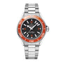 Omega watch with silver and red design on a white background
