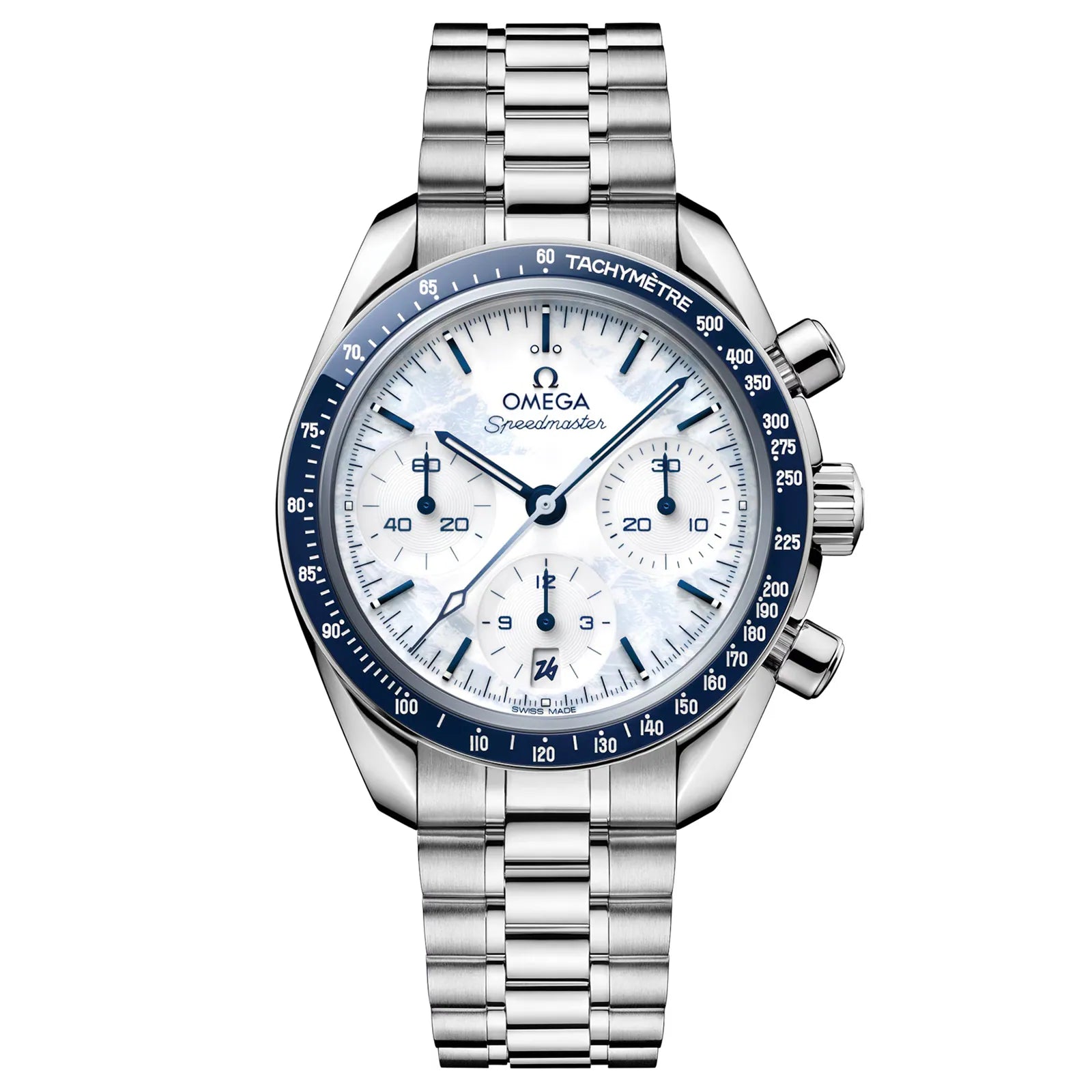 Silver and blue watch with Omega branding on a white background