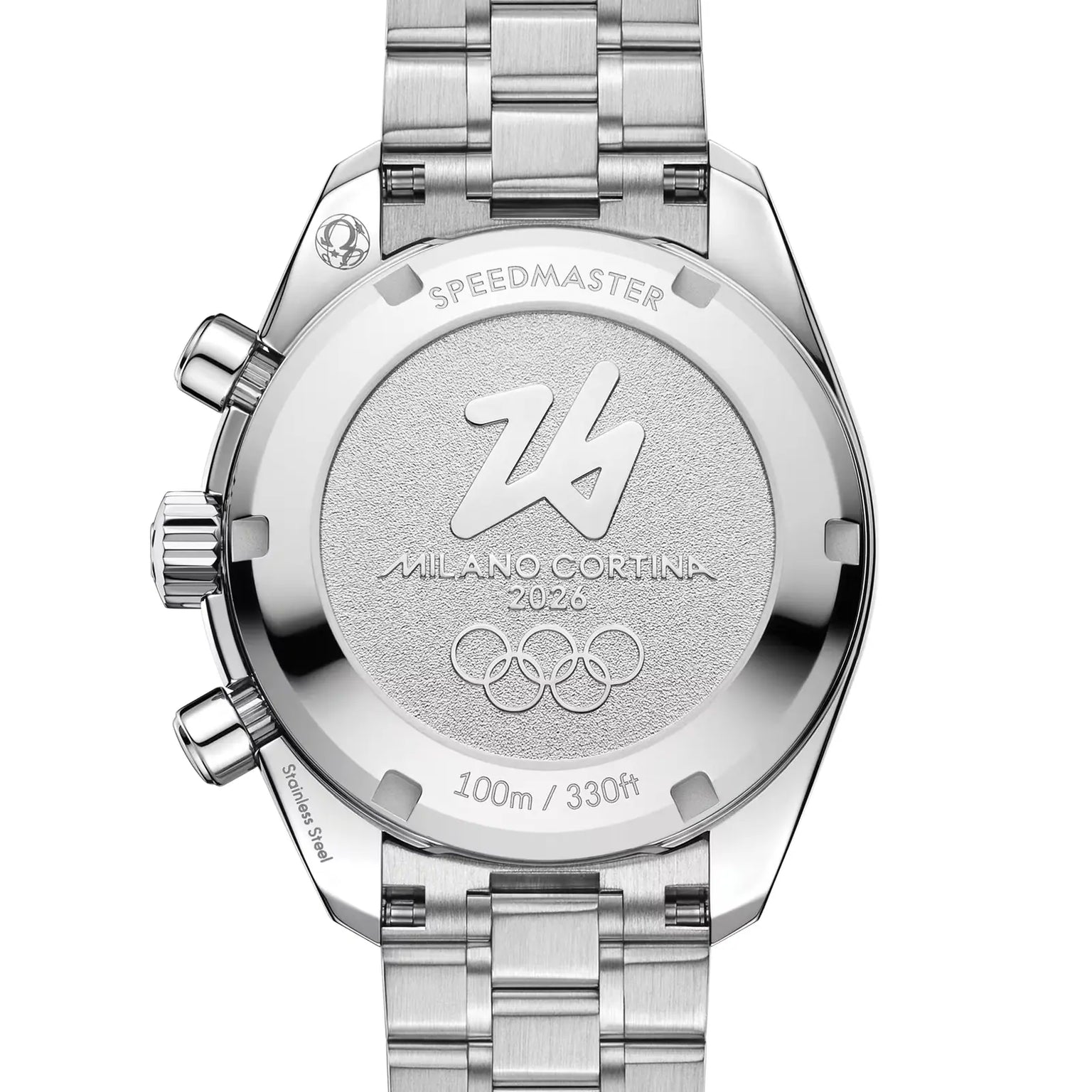 Silver watch with 'Milano Cortina 2026' and Olympic logo on a white background