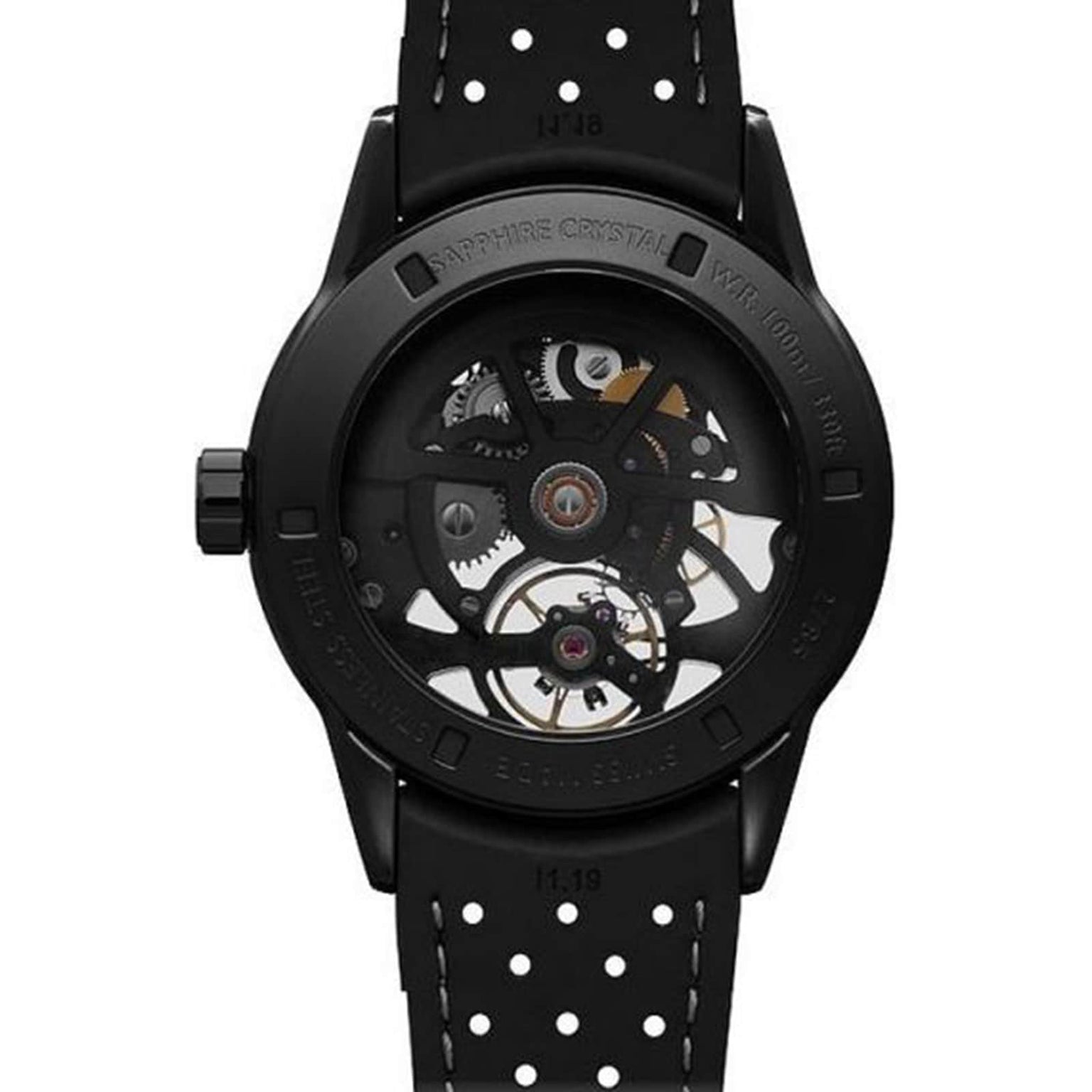 Back view of the Raymond Weil Freelancer Skeleton RW1212 Black Dial showcases its self-winding movement and gears through a transparent case back, paired with a perforated black strap.