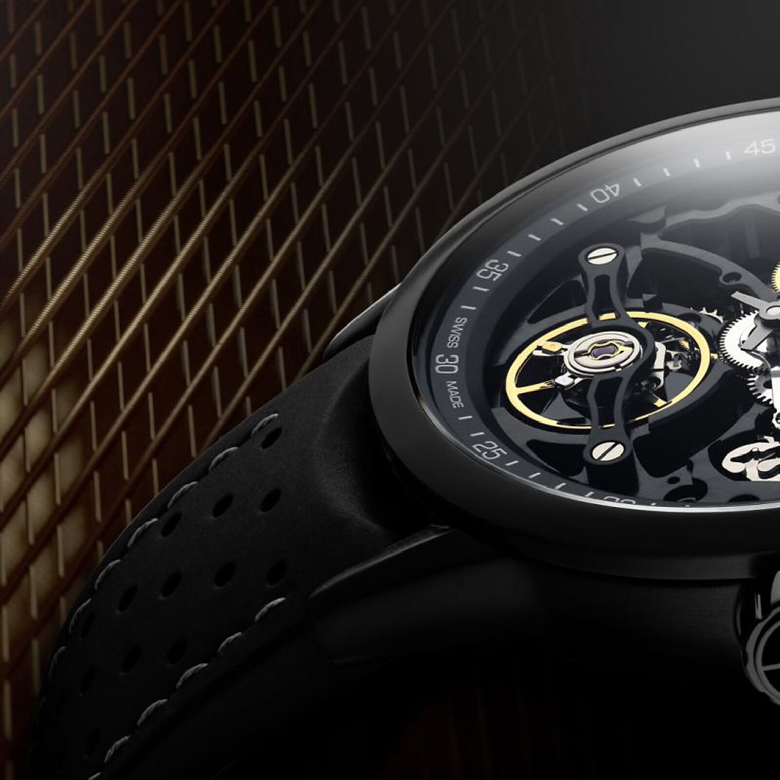 Close-up of the Raymond Weil Freelancer Skeleton RW1212 Black Dial watch, featuring a skeletonized black dial that reveals its self-winding mechanical movement, set against a gold and brown patterned background.