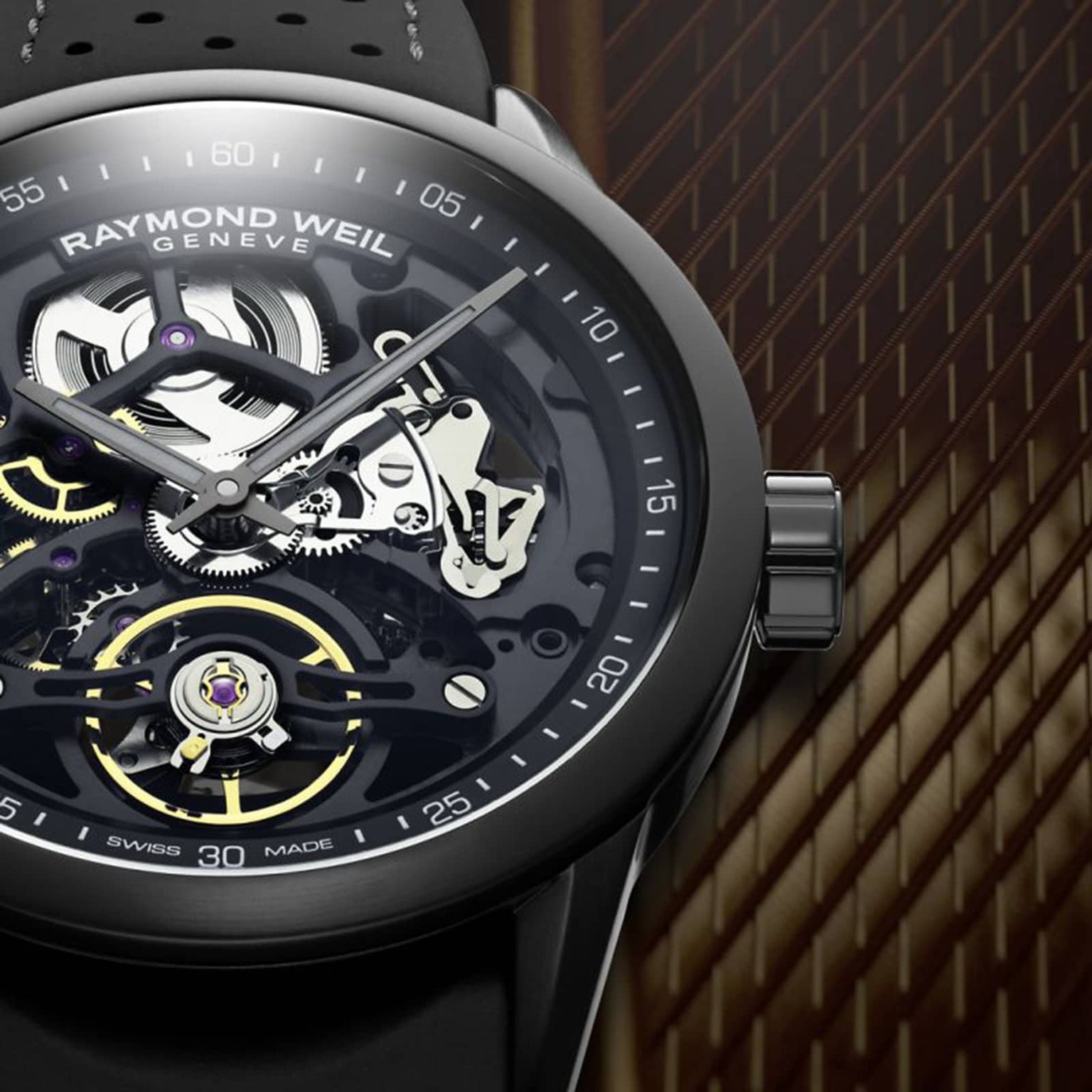 A close-up of the Raymond Weil Freelancer Skeleton RW1212 Black Dial watch, highlighting its skeletonized dial and exposed mechanics with a black bezel against a blurred geometric background.