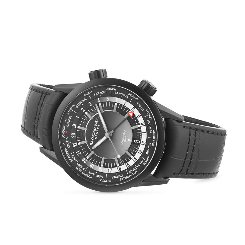 The Raymond Weil Freelancer GMT Worldtimer Black Dial features a black leather strap, stainless steel case, world time dial with multiple city names, and a date indicator.