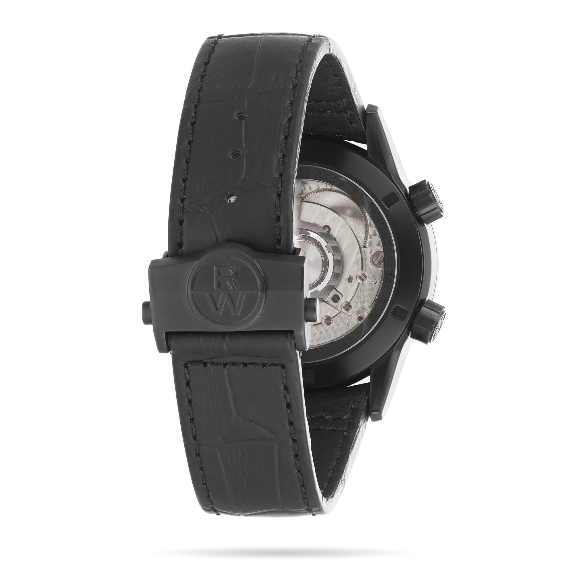 The Raymond Weil Freelancer GMT Worldtimer Black Dial features a visible mechanical movement via a transparent case back, black leather strap, stainless steel case, and RW logo on the clasp.